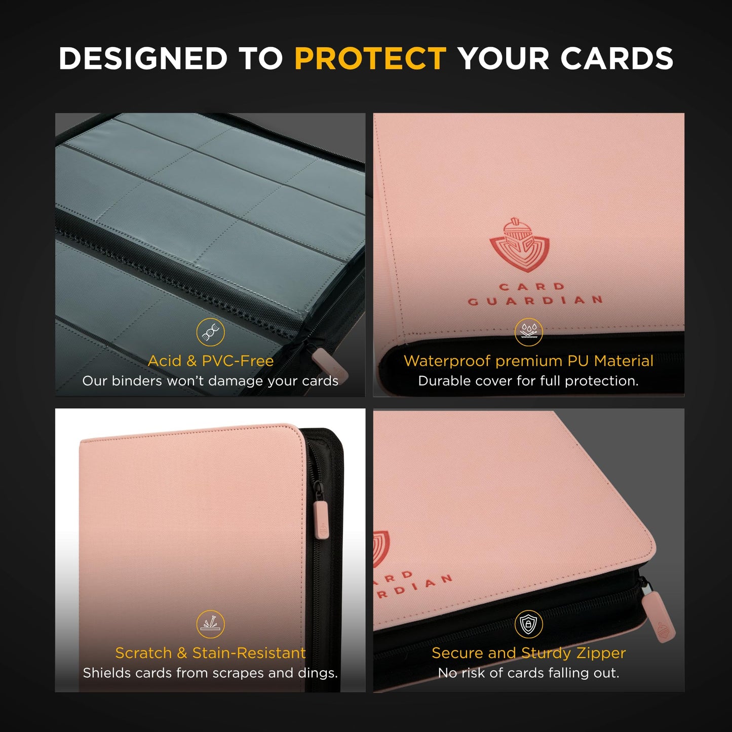 Card Guardian - 9 Pocket enhanced Binder with Zipper for 360 Cards Trading Card Games TCG (Pink) - Side Loaded Pockets - Compatible with Yugioh Cards MTG Binder Sports Card Binder