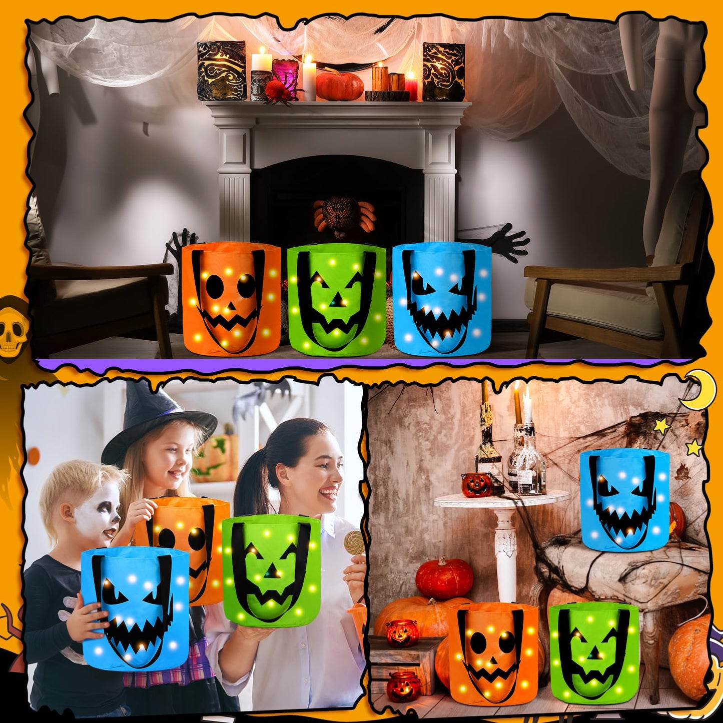 Sadnyy 3 Pcs Halloween Trick or Treat Bags Light up for Kids Pumpkin Candy Bucket LED Halloween Treating Baskets Reusable Goody