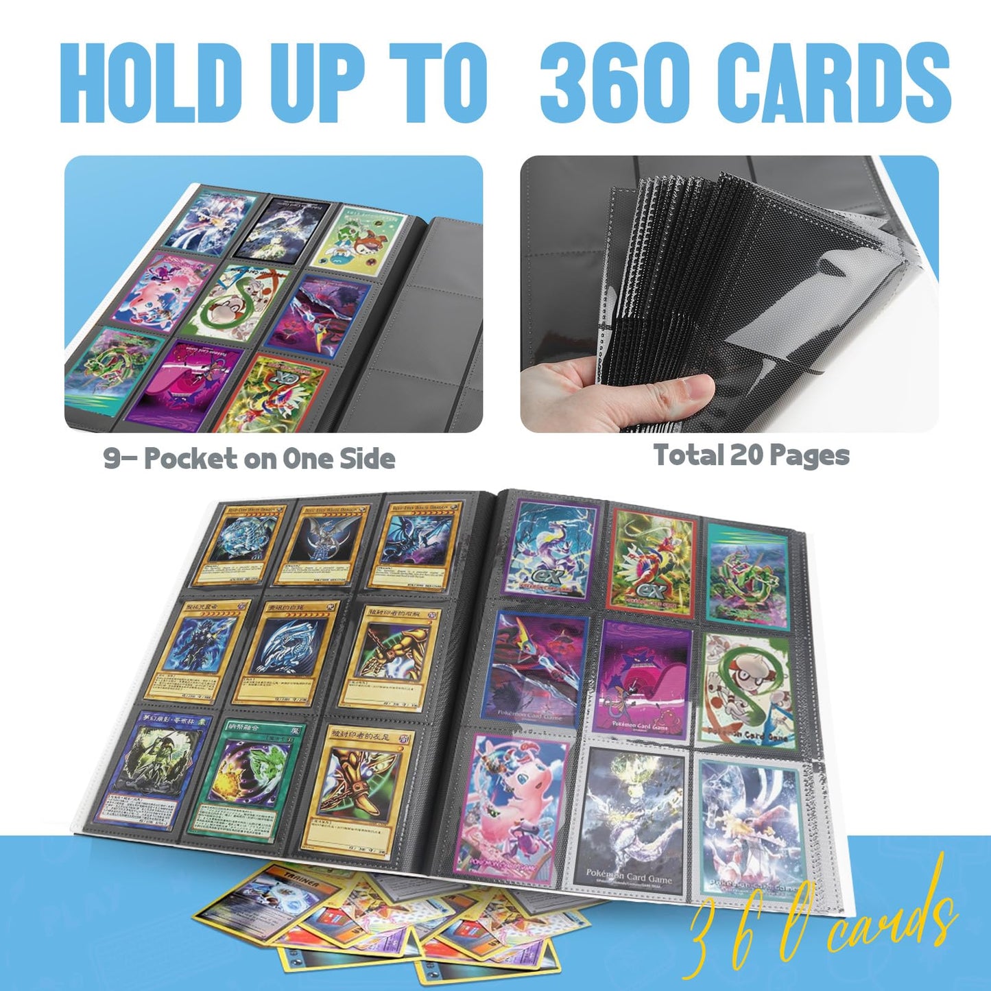 Card Binder 9-Pockets  Trading Card Binder  20 Pages  360 Card Capacity PU Collection Binder  Card Folder for MTG  TCG  Game Cards & Sports Cards(White)