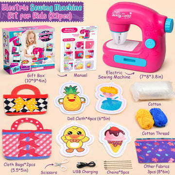 TUZT Mini Sewing Machine Toy Kit for Kids, 22pcs, Portable, Small, Pink, Model TF-FRJ-TY007194H, Gift for Ages 4-12