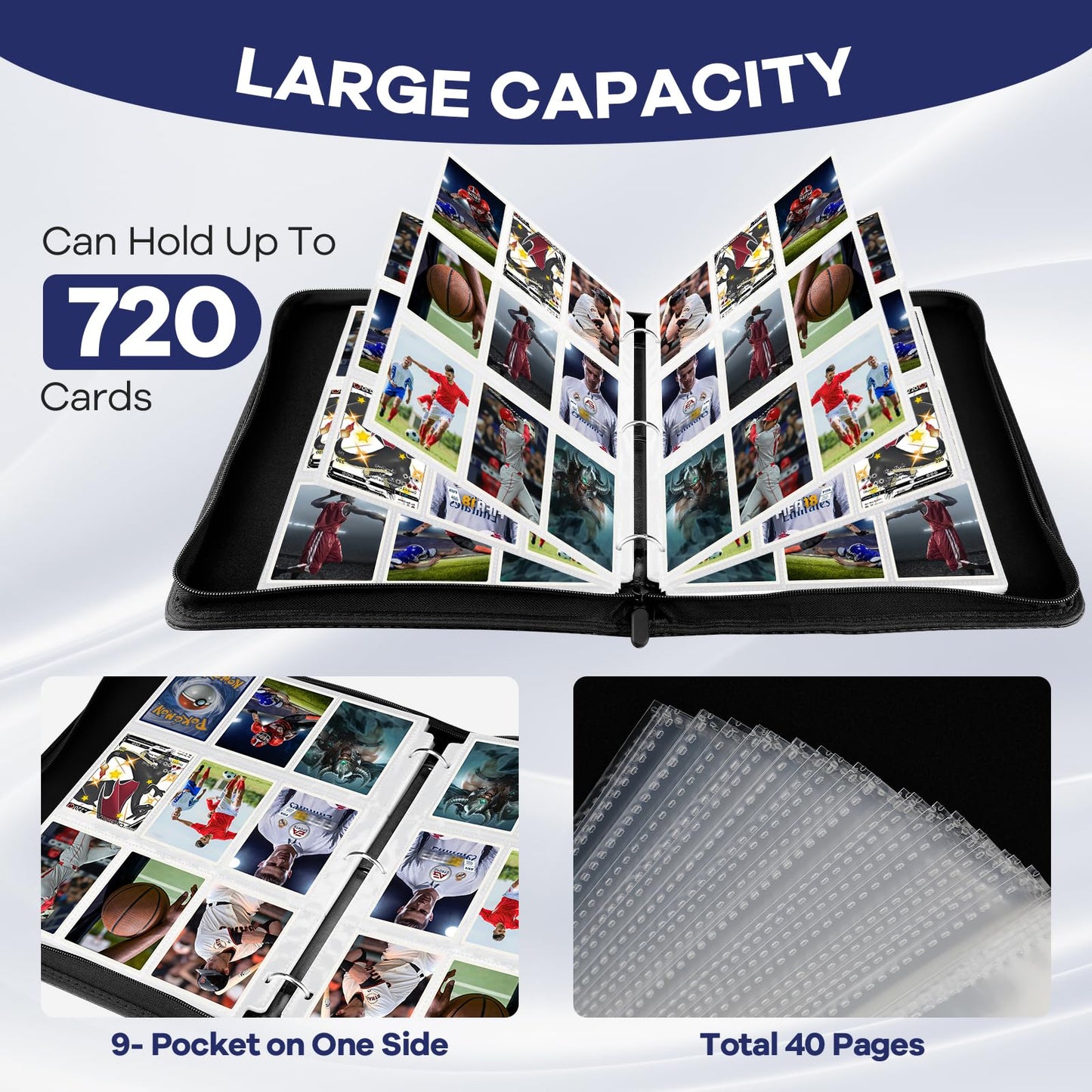 Trading Card Binder with Sleeves  720 Double Sided Pocket Trading Card Binder enhanced 9 Pocket PU Card Collection Binder  Collectible Card Albums Card Folder for MTG  TCG  Sports Cards  Game Cards