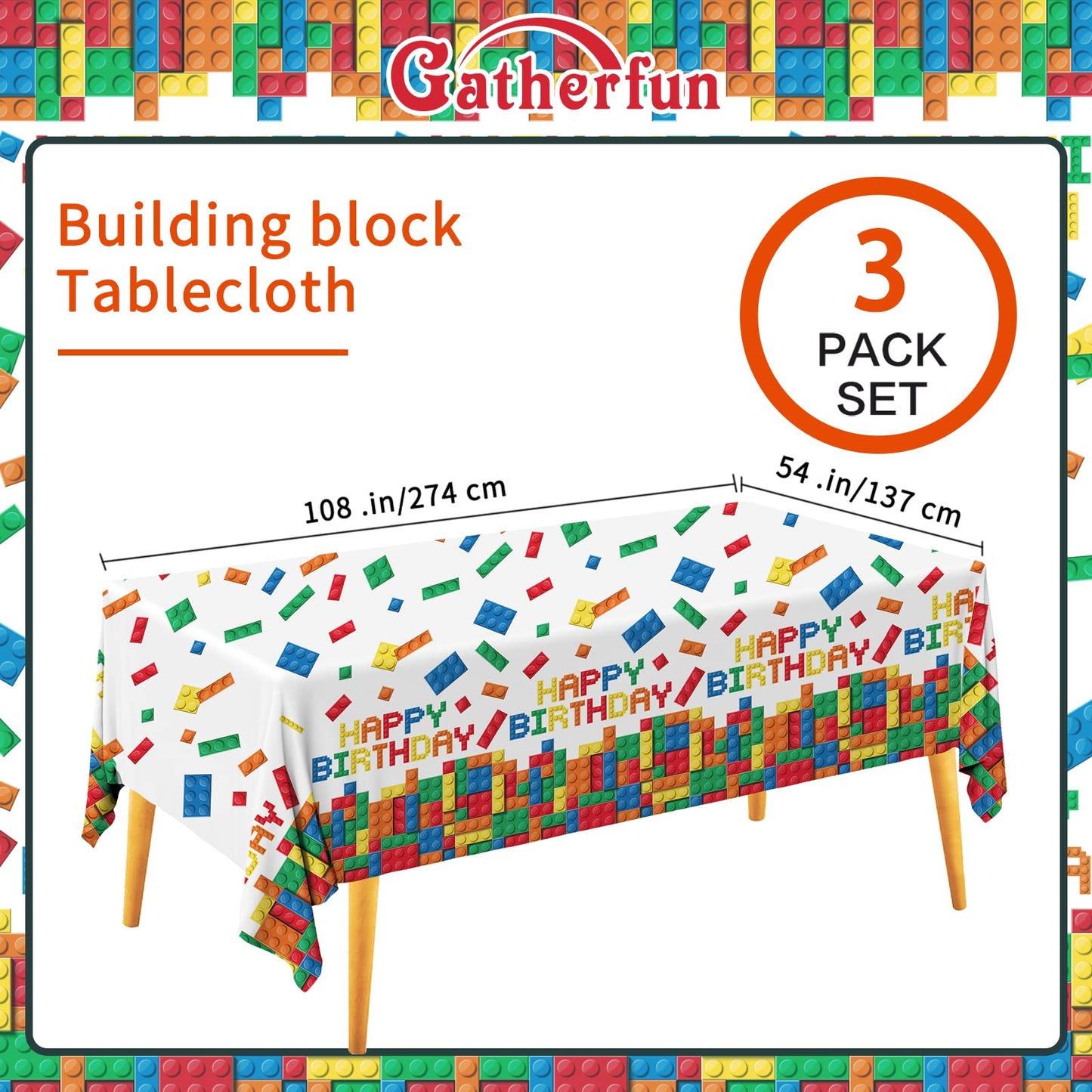 Gatherfun Building Block Party Disposable Tablecloth, Plastic Table Cover For Building Block Themed Party, Kids Birthday Party,