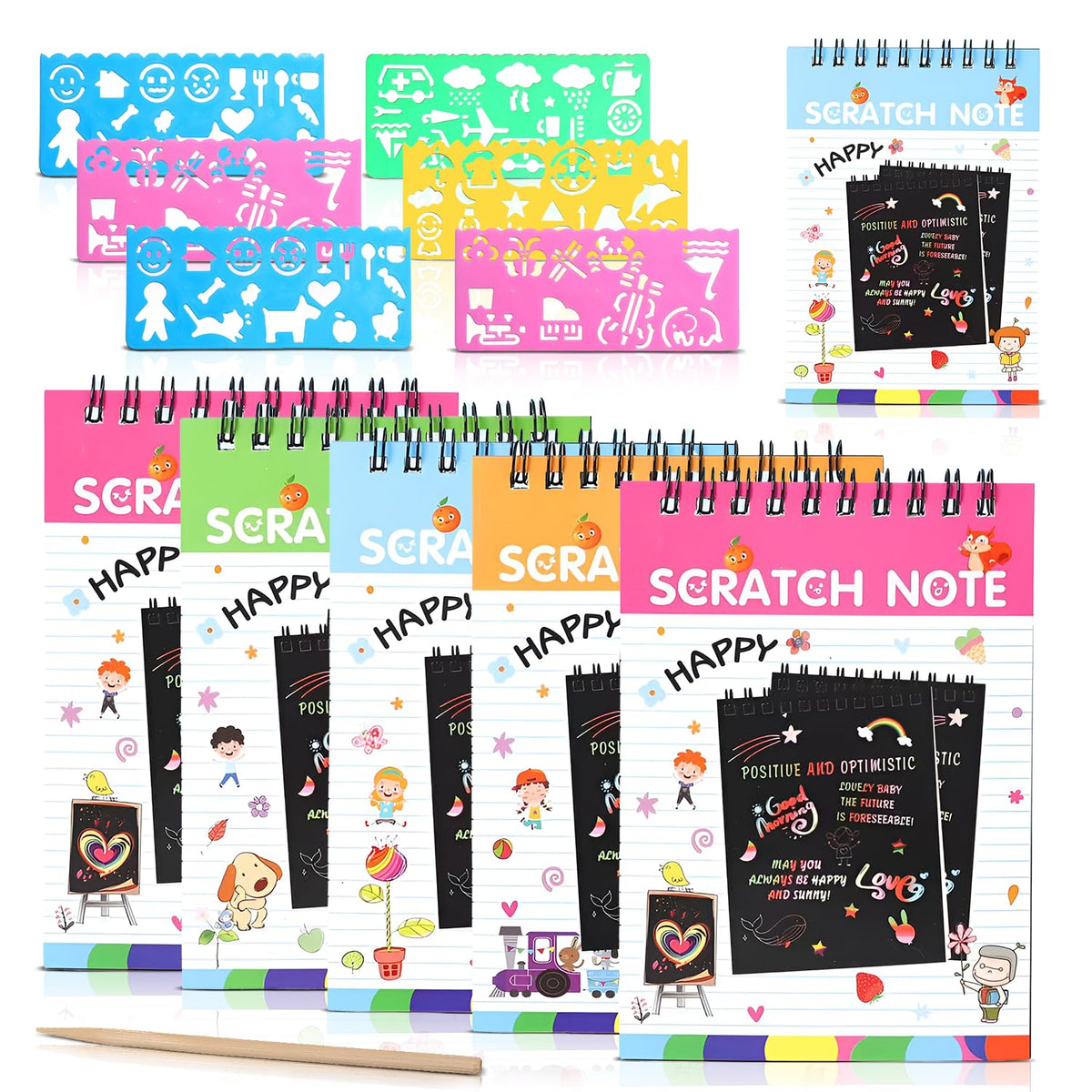 Promote Rainbow Scratch Art Notepads Set  6 Rainbow Scratch Notebooks (10 Sheets Each) + 6 Wooden Stylus Pens & 6 Drawing Stenc