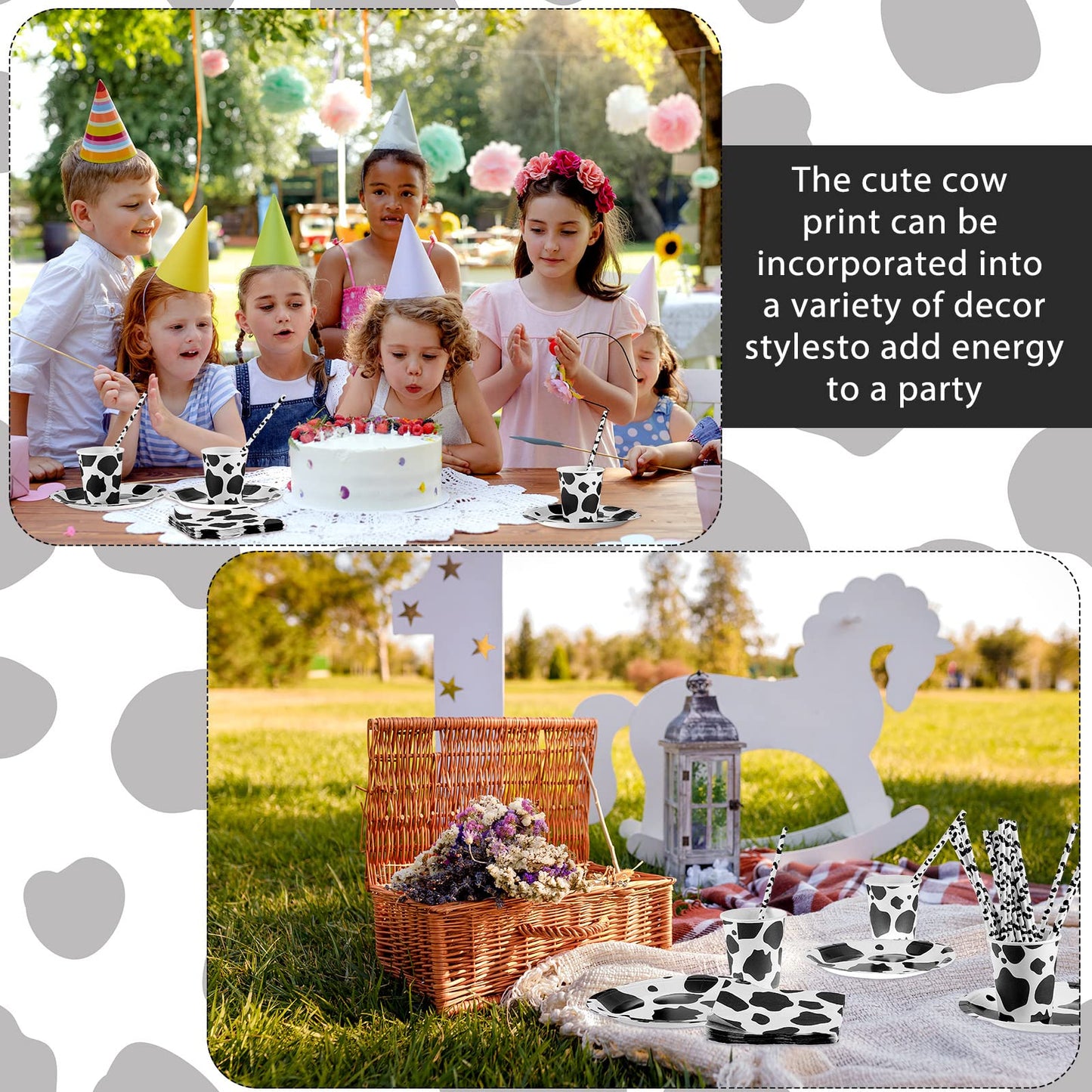 Lewtemi 100 Pcs Cow Print Party Supplies Kit, Includes Napkins, Plates, Straws for Farm Theme Birthday Parties