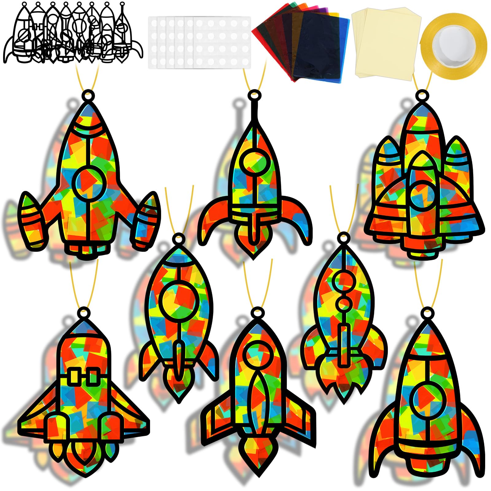32 Sets Outer Space Rocket Suncatchers Craft Kit DIY Window Stained Glass Effect Space Theme Paper Crafts for Home School Classr