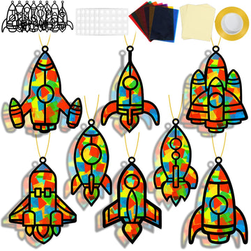 32 Sets Outer Space Rocket Suncatchers Craft Kit DIY Window Stained Glass Effect Space Theme Paper Crafts for Home School Classr