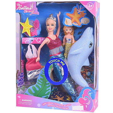 Yellow River Mermaid Princess Doll Playset, Color Changing Mermaid Tail By Reversing Squins, 12' Fashion Dress Doll With 3' Little Mermaid Dolphin And Accessories, Mermaid Gift For Girls