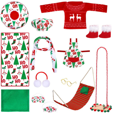 12 Pcs Christmas Elf Accessories Kits Include Christmas Doll Sleeping Bag Sweater Apron Chef Hat Scarf Earmuffs Eye Mask Snow Tu