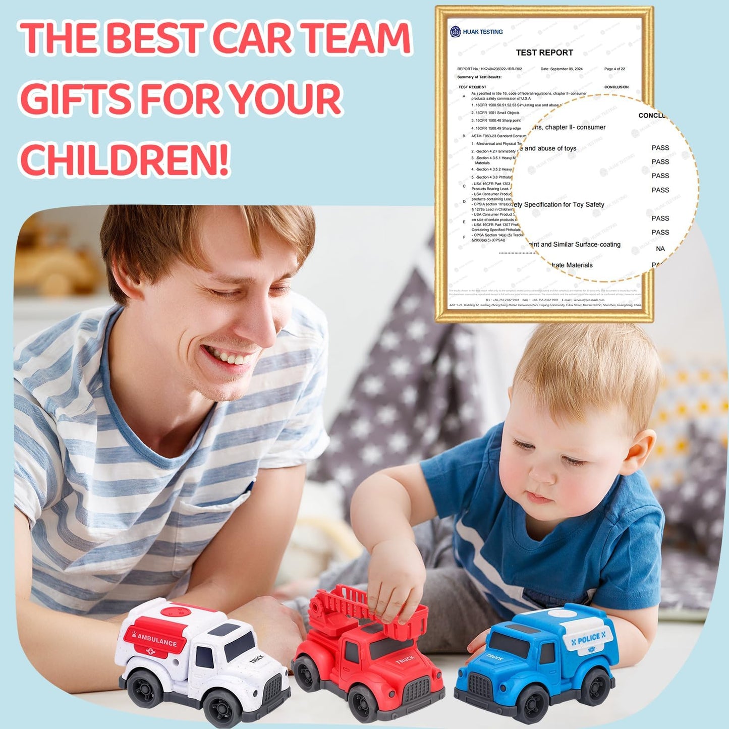 Toddler Toy Cars for 1 2 3 Year Old Boy, 3 in 1 Police Car Firetruck Toys and Ambulance for Toddlers, BPA Free, Phthalates Free,