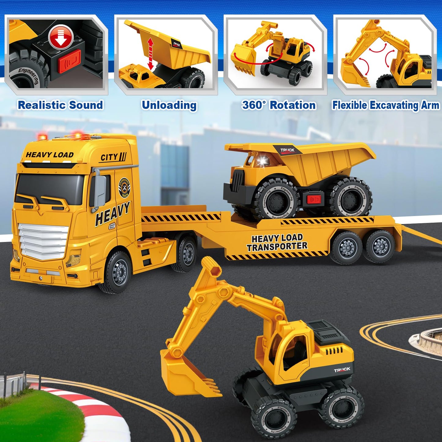 SpringFlower 3 4 5 6 Toddler Boy Toys, 25'' Construction Carrier Truck Toy with Excavator and Dump Truck,3 in 1 Truck Boy Toy, C