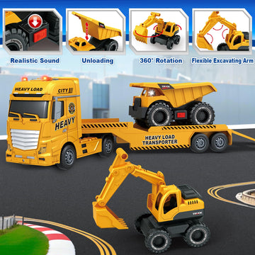 SpringFlower 3 4 5 6 Toddler Boy Toys, 25'' Construction Carrier Truck Toy with Excavator and Dump Truck,3 in 1 Truck Boy Toy, C