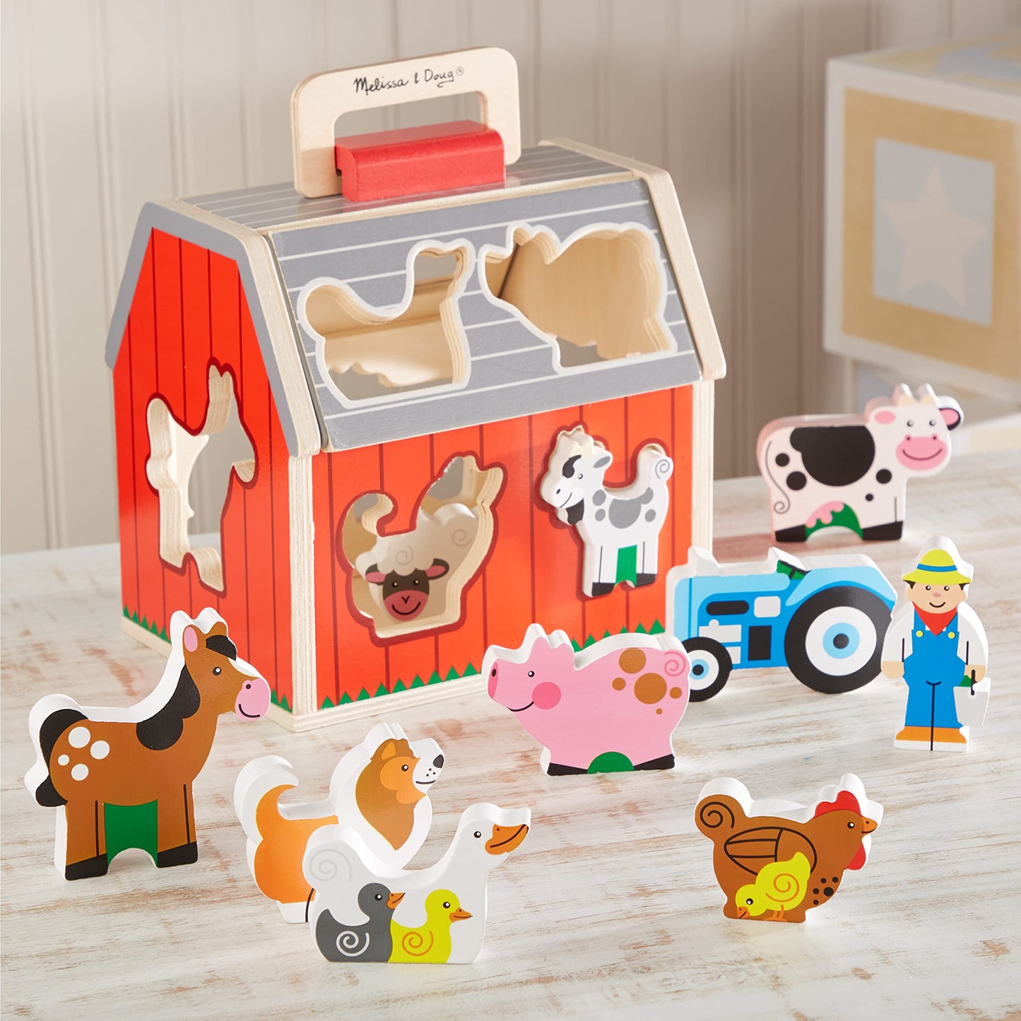 Melissa & Doug Wooden Take-Along Barn Toy With Flip-Up Roof And Handle, 10 Farm Play Pieces, Shape Sorting And Stacking Learning