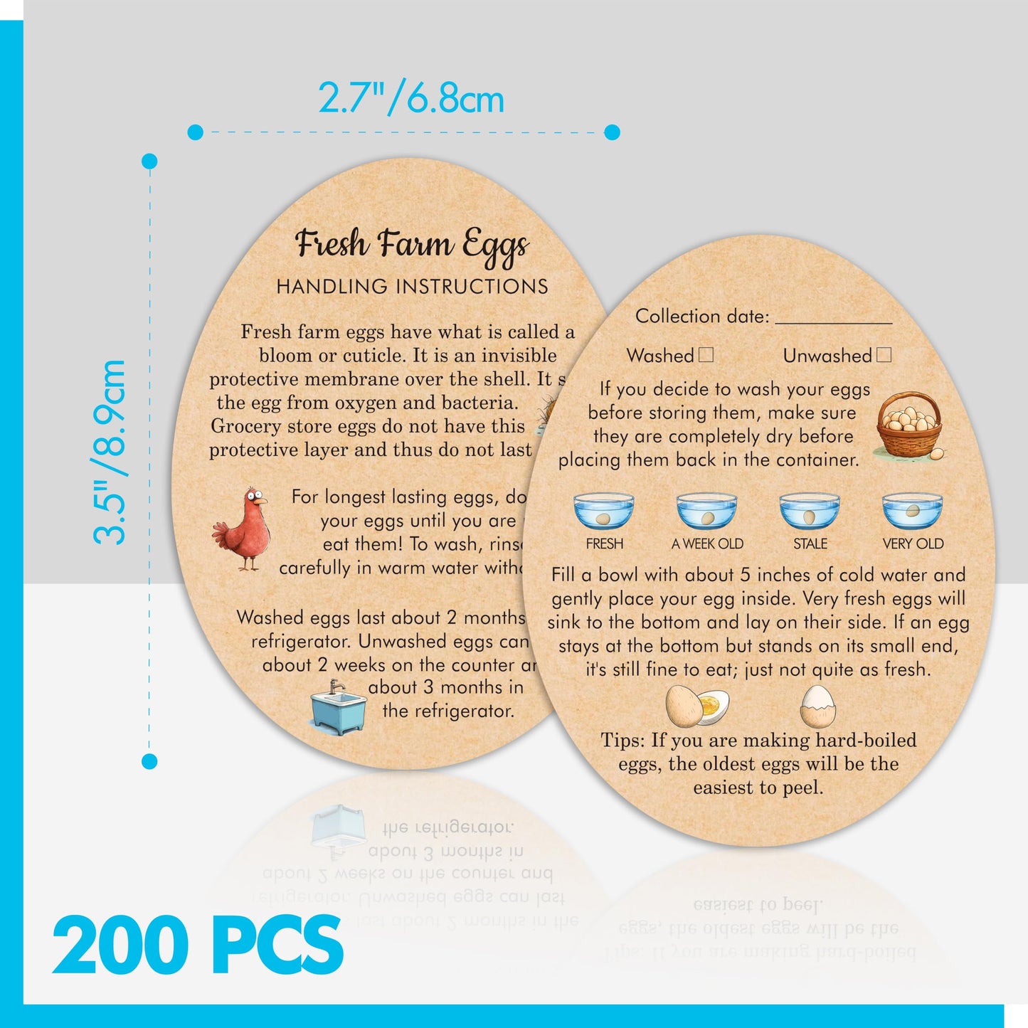 200 PCS Egg Handling Instruction Cards  Double-sided Printing Egg Carton Stamp Bulk Labels with Washed/Unwashed Fresh Eggs Care Accessories Card Label for Basket Farm Business Accessories (3.5 x 2.7 )