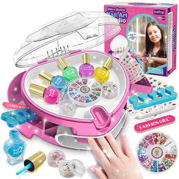 Battop Kids Nail Polish Set For Girls, Nail Art Kit For Kids With All-In-One Organizer Nail Dryer, Polish, Stickers, Gems, Filer