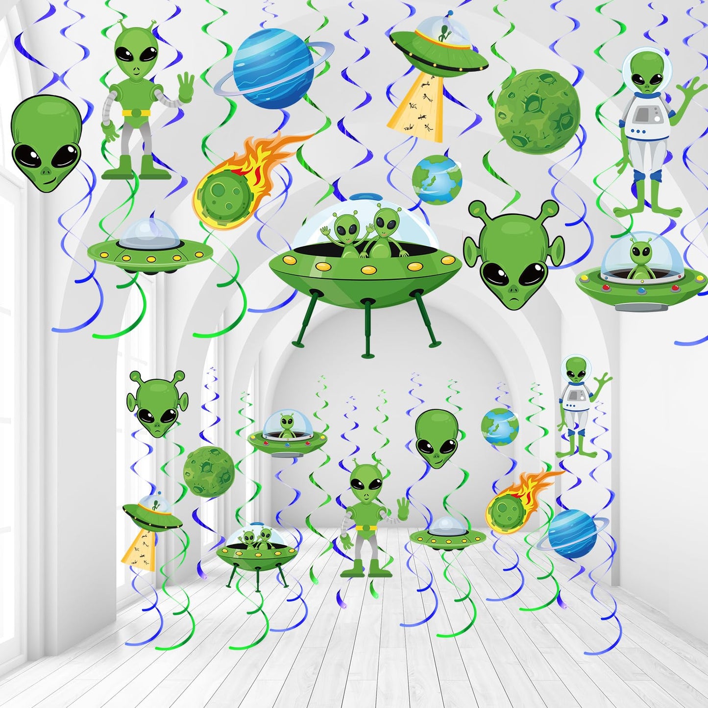 Capoda 54 Pcs Alien Decorations Hanging Swirls No DIY UFO Theme Party Ceiling Decorations Green Alien Outer Space Saucer Man Han