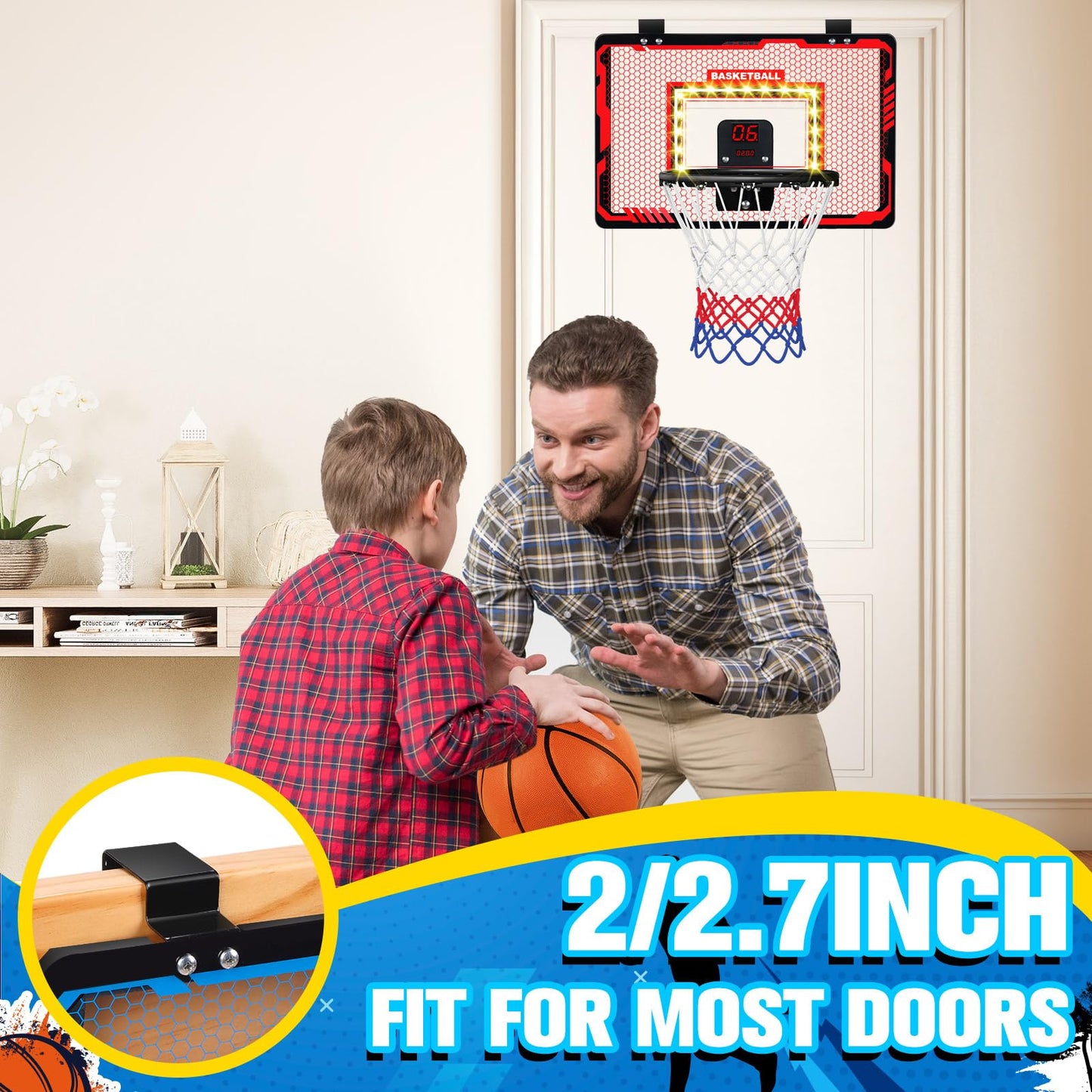Taseyok Basketball Hoop Indoor, Mini Basketball Hoops With Electronic Scoring, Timing Board, And Led Lights, Over The Door Baske