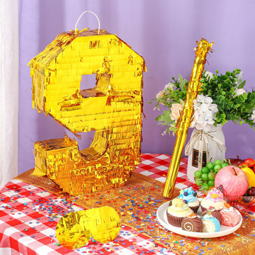 Sratte Number Piñata Birthday Piñata Decorations Gold Foil Piñata With Stick Blindfold Confetti For Boy Girl Birthday Party Decorations Anniversary Celebrations Fiesta Supplies(Number 9)