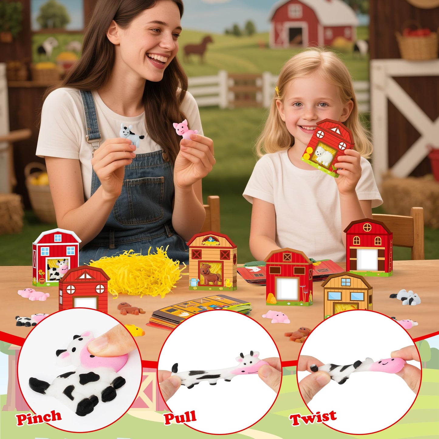 CY2SIDE 24 Pack Farm Animal Squishy Toys with Farm Barn Gift Box and Raffia Filler for Kid  Cute Pig Cow Chicken Novelty Miniature Squishy Toys for Birthday Gift Christmas Goodie Bag Stuffed for Girls