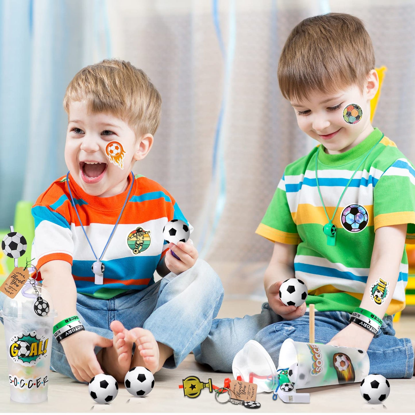 Weysat 268 Pcs Soccer Party Favors Sets for 24 People Birthday Gifts Goody Cups with Straws Key Chains Whistles Silicone Wristba