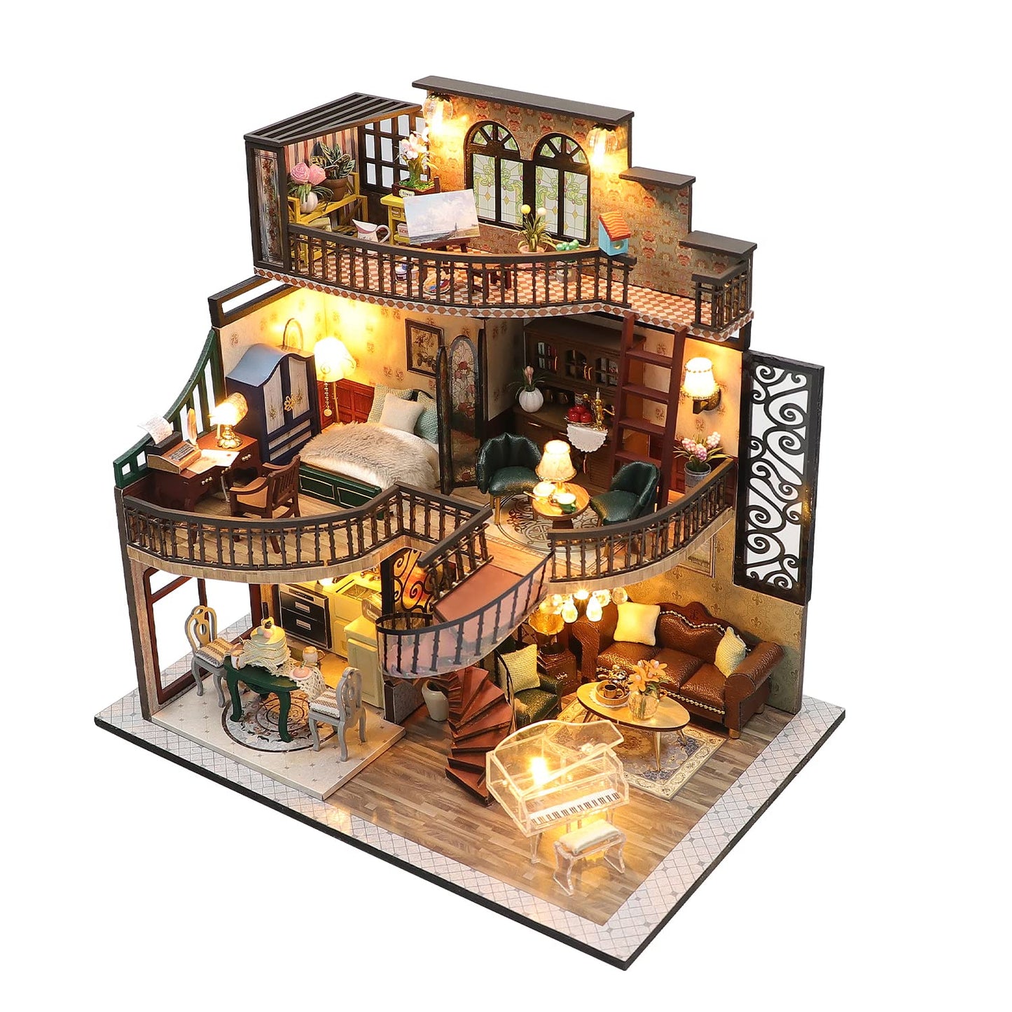 Kisoy Dollhouse Miniature with Furniture Kit  Handmade DIY House Model for Teens mature-themed Gift (Dream Building Pavilion)