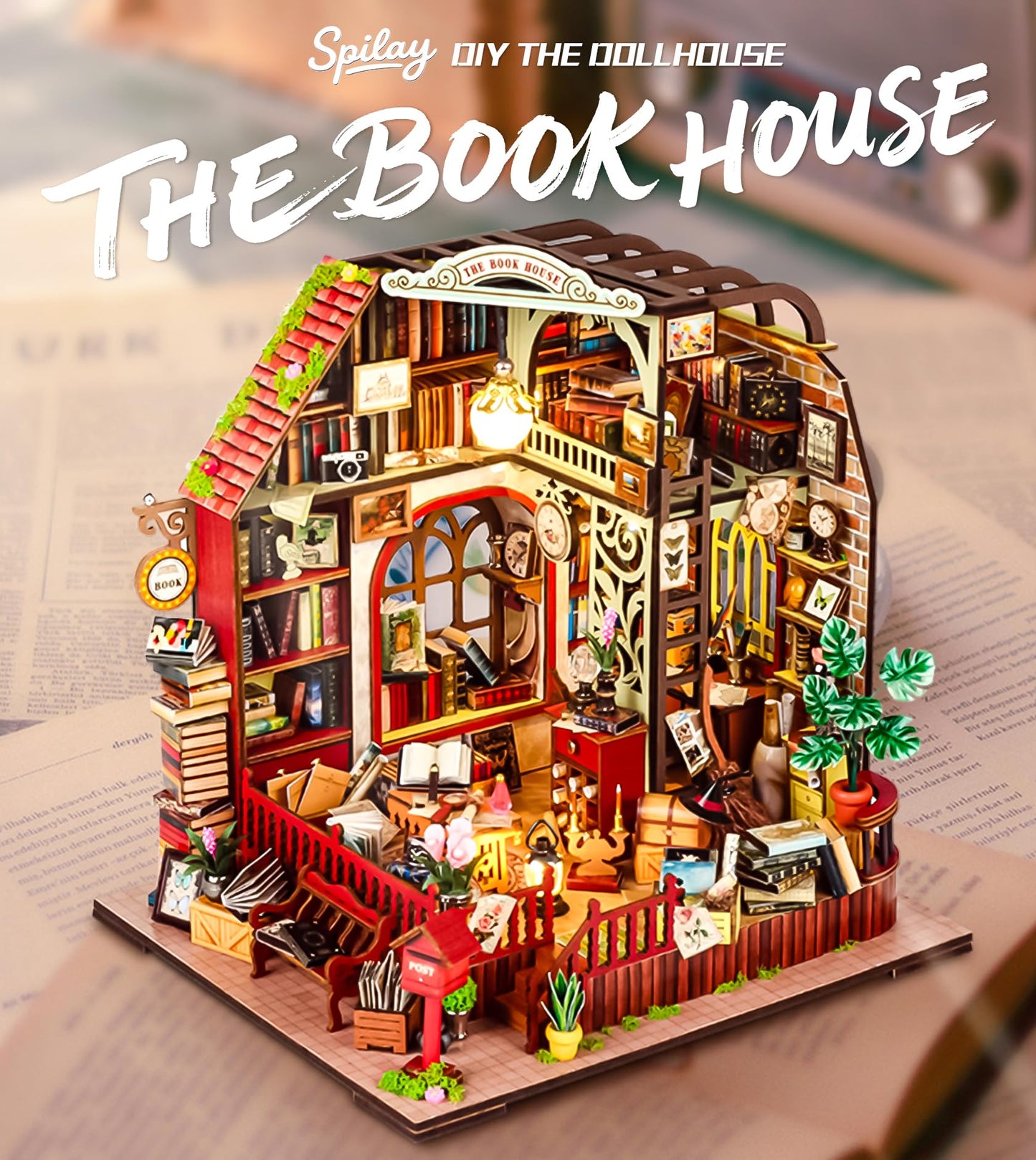 Spilay DIY Miniature Dollhouse Wooden Furniture Kit Mini Handmade Mini Model with Dust Cover & Music Box 1:24 Scale Creative Woodcrafts Toys for mature-themed Friend Lover Birthday Gift-Book House