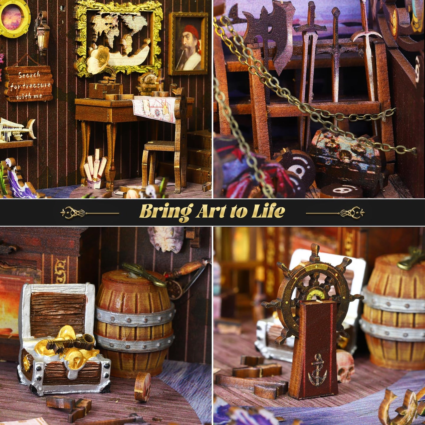 Spobot DIY Book Nook Kit Booknooks Bookshelf Insert Decor Miniature House Kits with Sensor Light 3D Puzzles Wooden Dollhouse Art