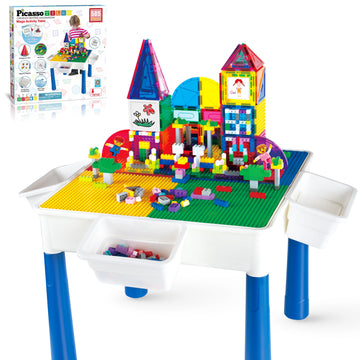 Picassotiles 585Pc Kids Activity Table With Magnetic Tiles And Bricks Stem Pretend Play Learning With Reversible Brick Whiteboar