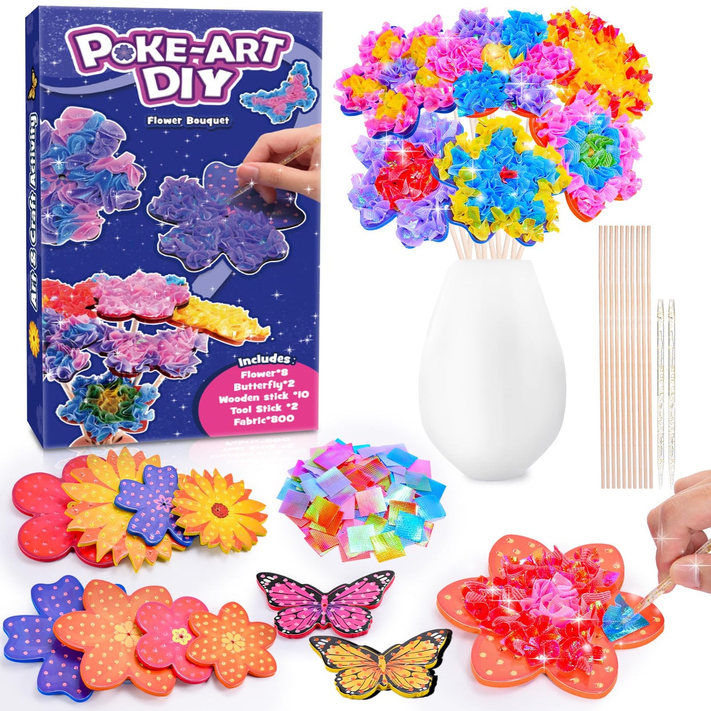 Toys for 4 5 6 7 8+ Year Old Girls, Poke-in Art Flower Bouquet with 8 Flowers & 2 Butterflies Arts and Crafts for Girls Ages 4-1
