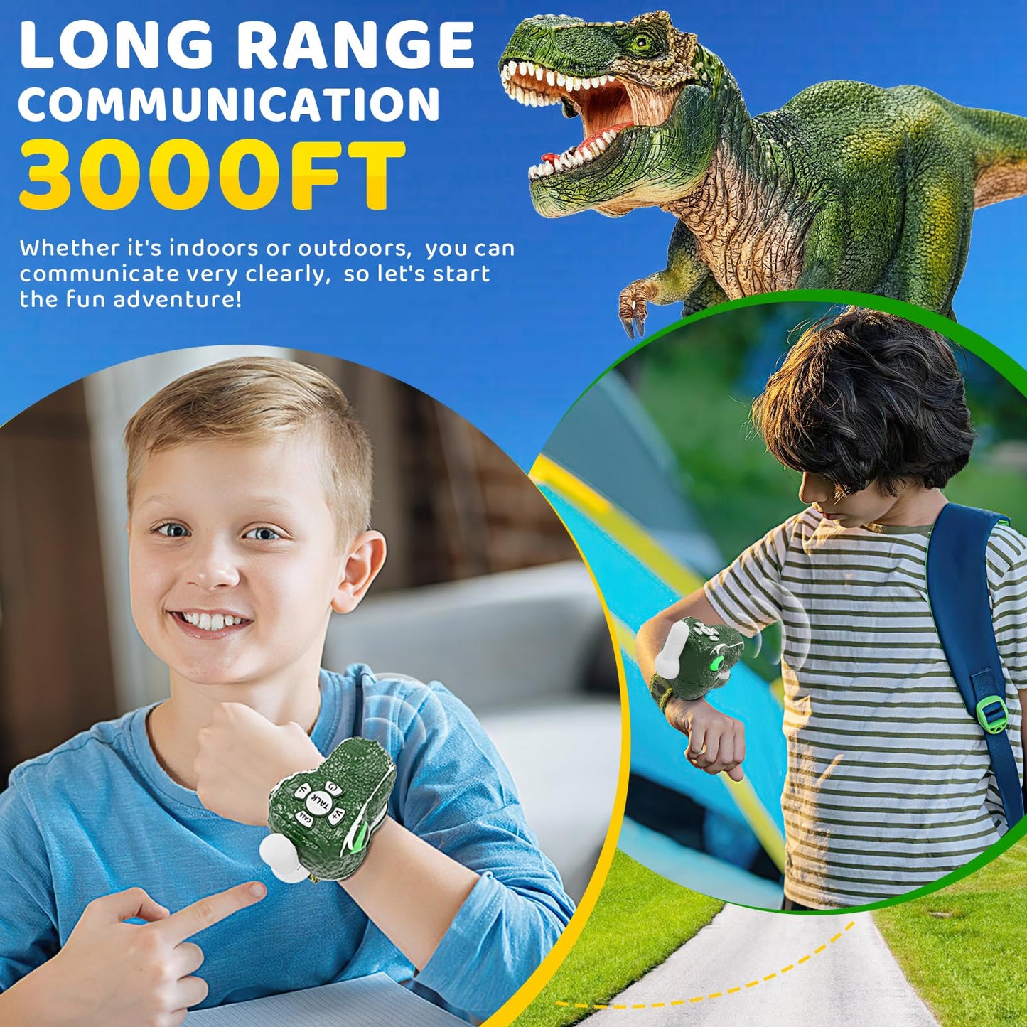 Dinosaur Walkie Talkies For Kids 2 Pack Camping Gear T-Rex Outdoor Toys For Boys Age 3-12 Year Old 3 Channel Long Range Birthday