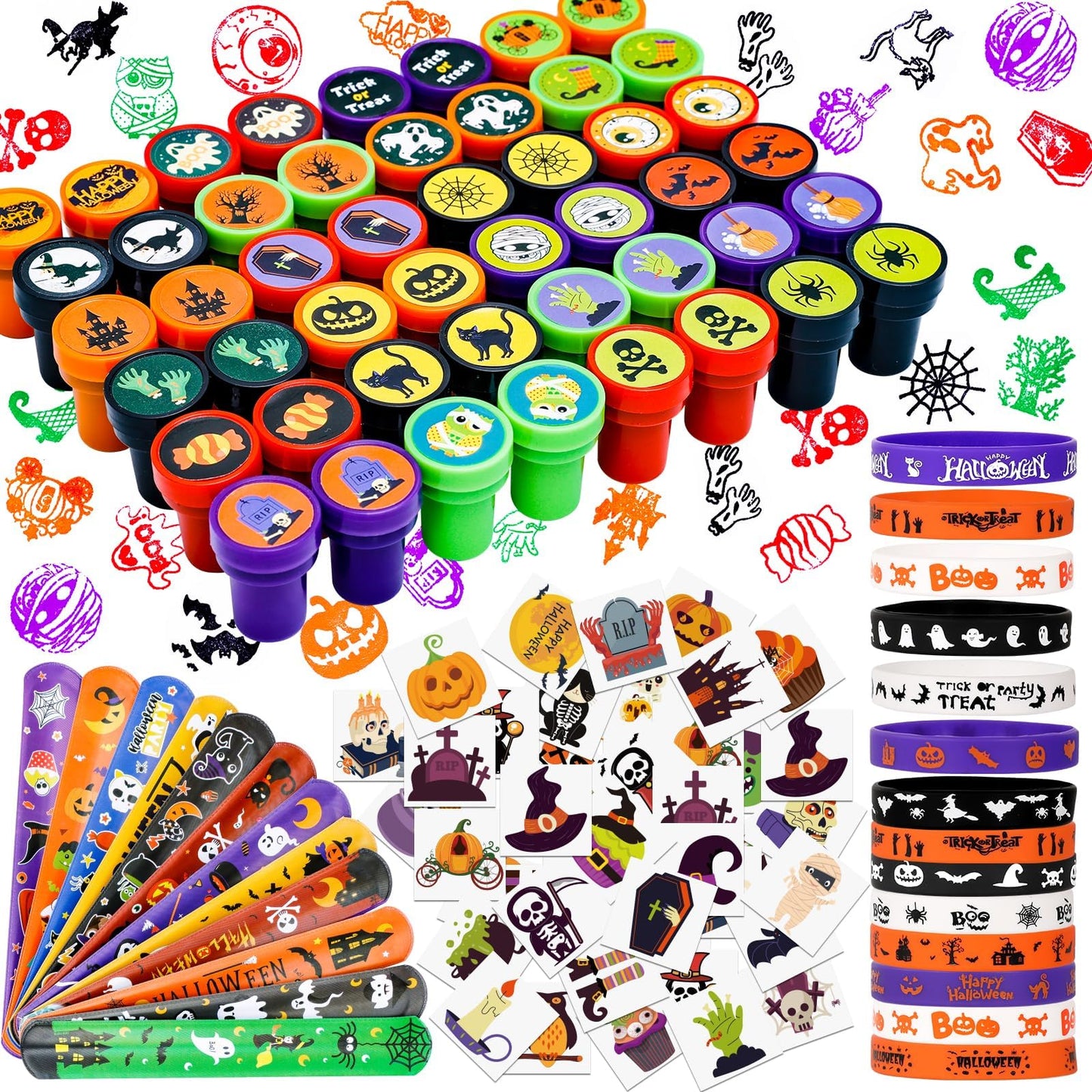 Halloween Party Favors for Kids Toys 264pcs Halloween Prizes Bulk for Kids, Goody Bag Fillers including Stamper Tattoos Slap Bra
