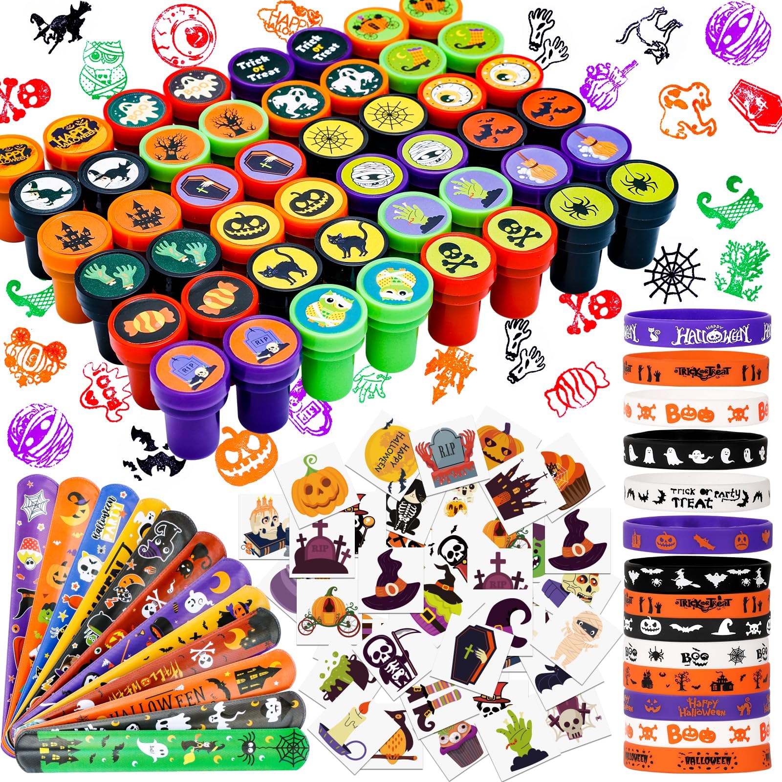 Halloween Party Favors for Kids Toys 264pcs Halloween Prizes Bulk for Kids, Goody Bag Fillers including Stamper Tattoos Slap Bra