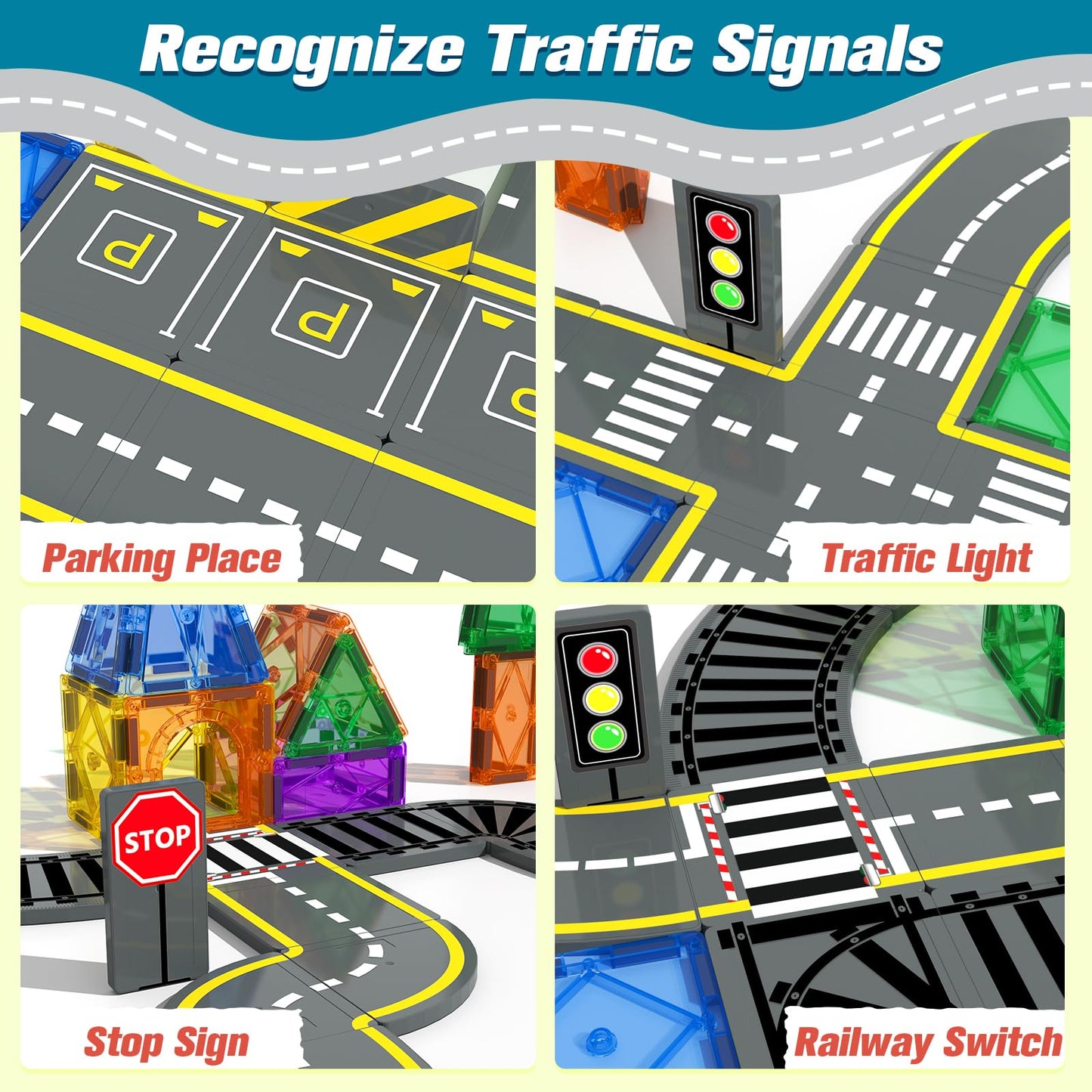 Magnetic Tiles Road & Train Track Expansion Pack Magnetic Building Blocks Construction Toys Kids Toys For Ages 3-12 Boys Girls Building Toys Includes Road Tracks, Traffic Lights, Parking Spot