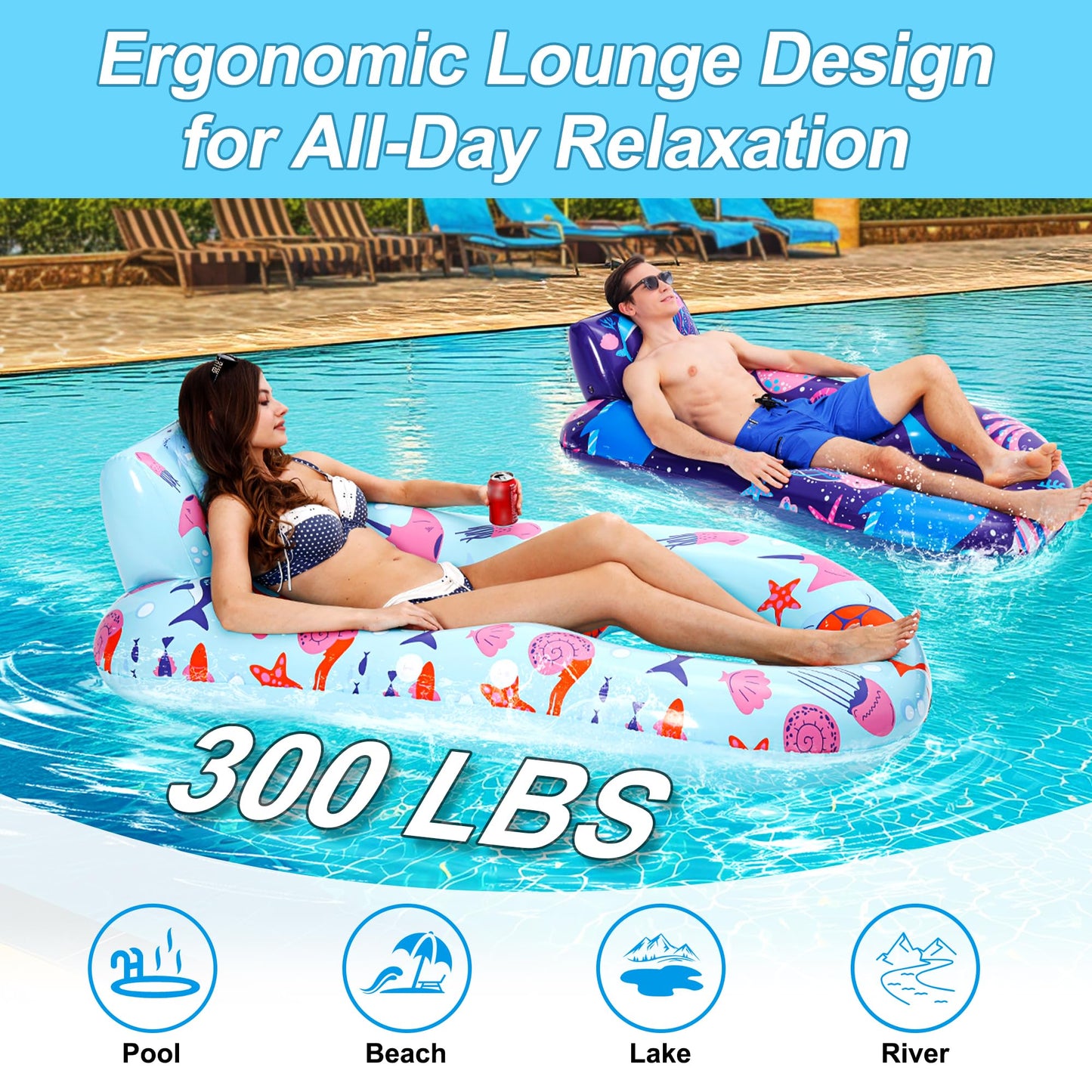 PuppyuWill 2 Pack Pool Floats mature-themed Inflatable Pool Lounger Float Heavy Duty with Cup Holder  Backrest & Footrest Pool Lounge Float Extra Large Pool Rafts for mature-themeds Beach Lake Party