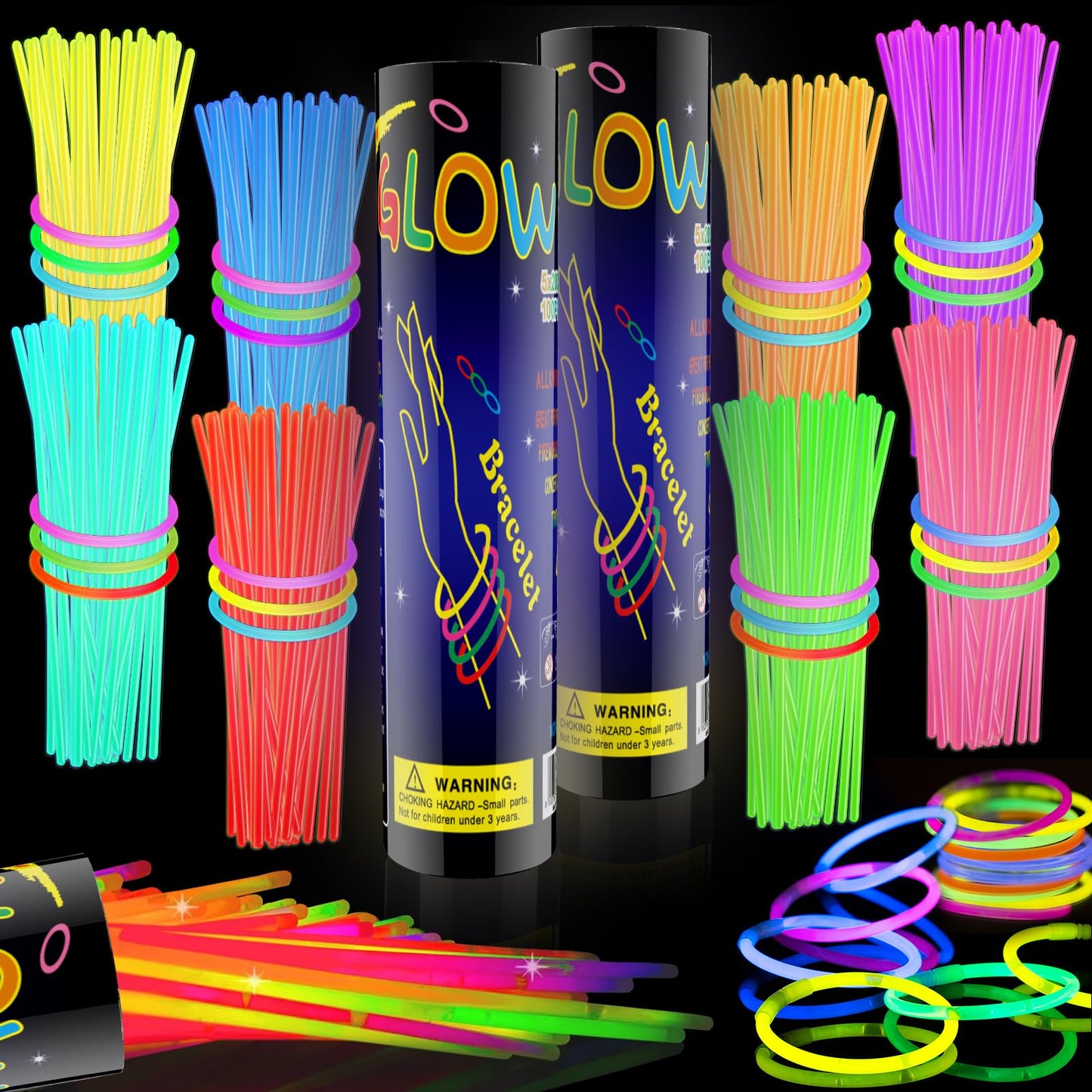 HONLYNE 200 Pcs Glow Sticks Bulk Party Pack, 8 Glow in the Dark Party Supplies, Glow in the Dark Light Up Sticks with Connecto