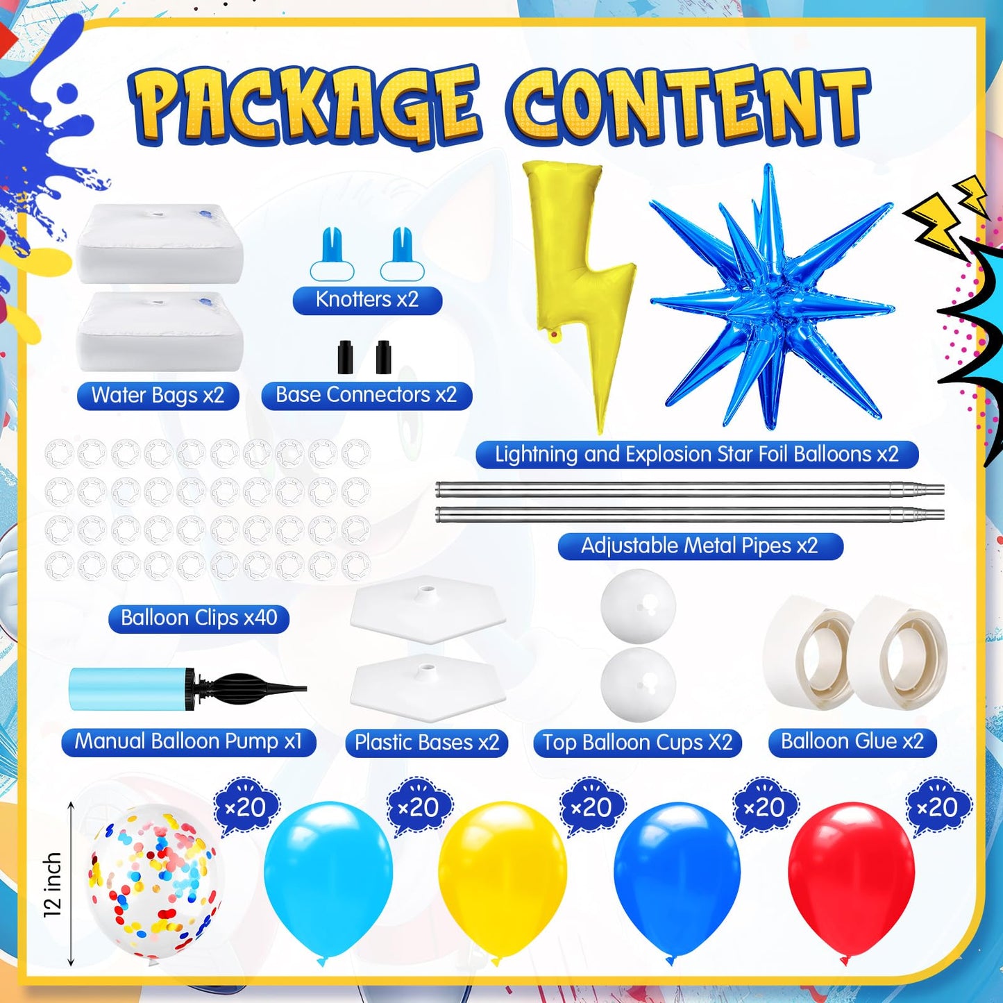 Kasyat Balloon Column Stand Kit - 2 Set Red Blue Yellow with Adjustable Stand for Birthday Party Decorations, Model AU-Kasyat-1739