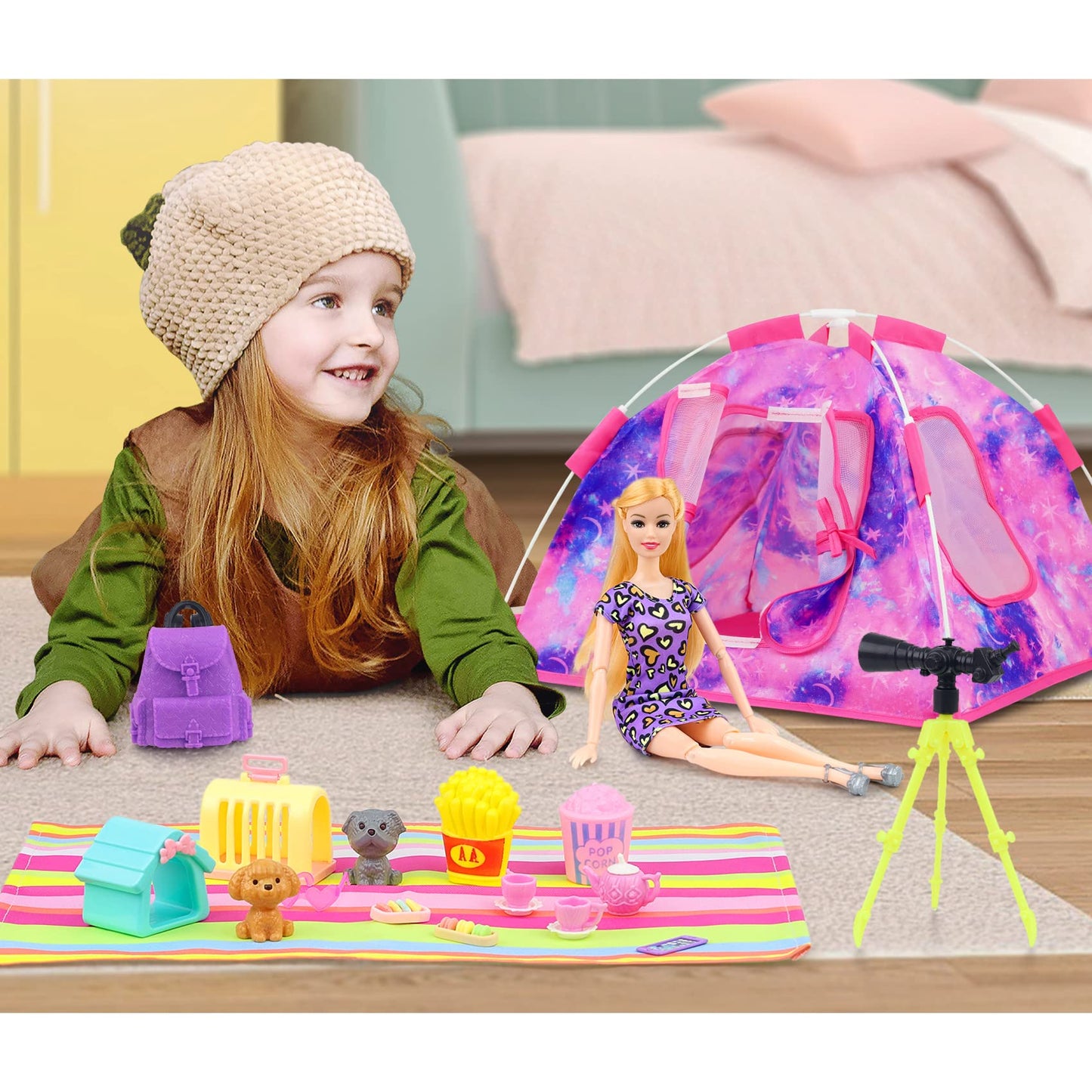 K.T. Fancy 18 PCS Girl Doll Travel Camping Tent Set and Accessories for 11.5 Inch Girl Doll Includes Doll Tent  Clothes  Backpack  Toy Dog  Placemat  Toy Phone  Glasses (Doll NOT Included)