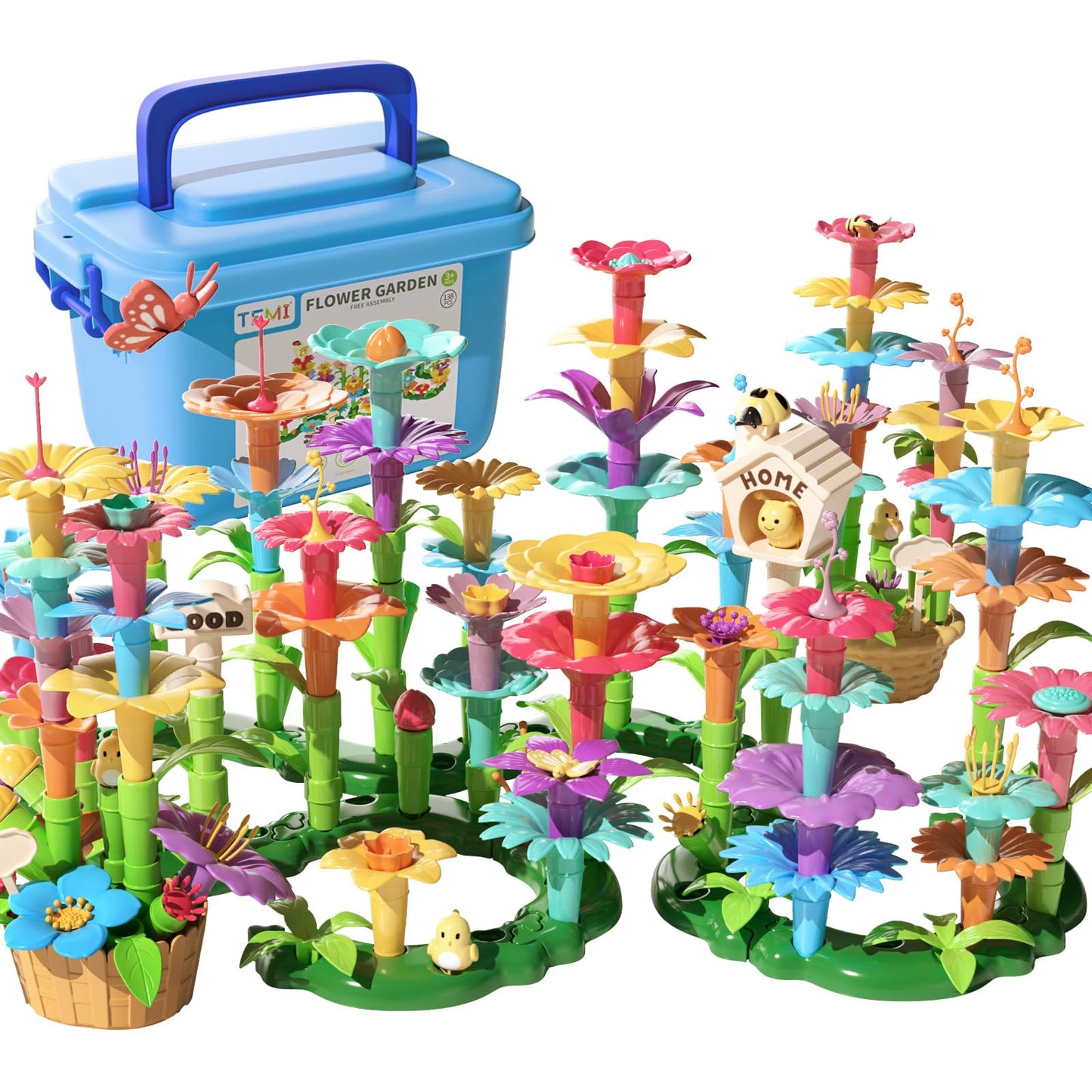 Temi 138 Pcs Flower Garden Building Toys For Girls Toys, Educational Stem Toy And Preschool Garden Play Set For Toddlers 3 4 5 6 7 8 Year Old Kids Boys Girls, Flower Stacking Toys For Kids Age 3-6