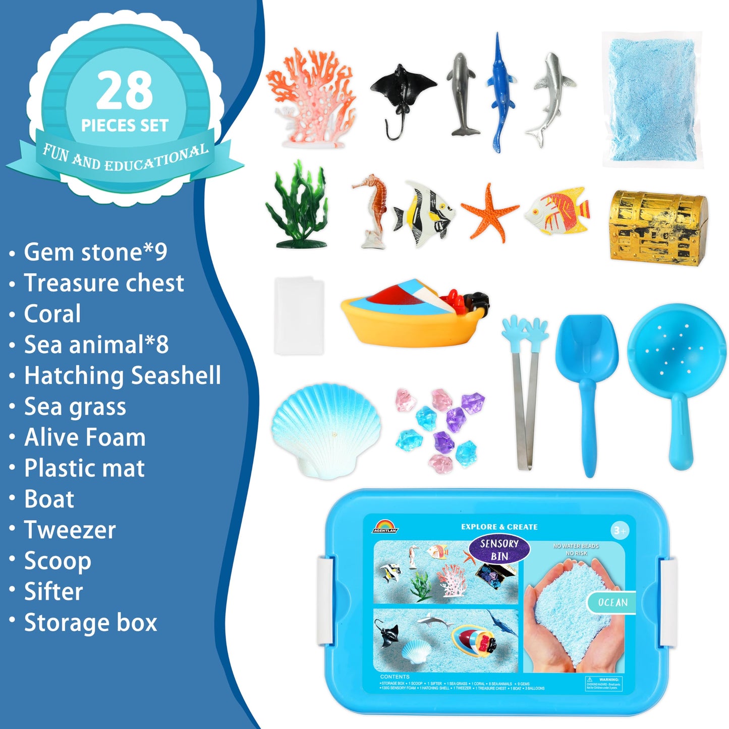 AGENTLAN Ocean Sensory Bin, Ocean Sensory Water Toys with Sea Animal for Toddlers Boys and Girls, Kids Toys Gift Sand Box for Ag