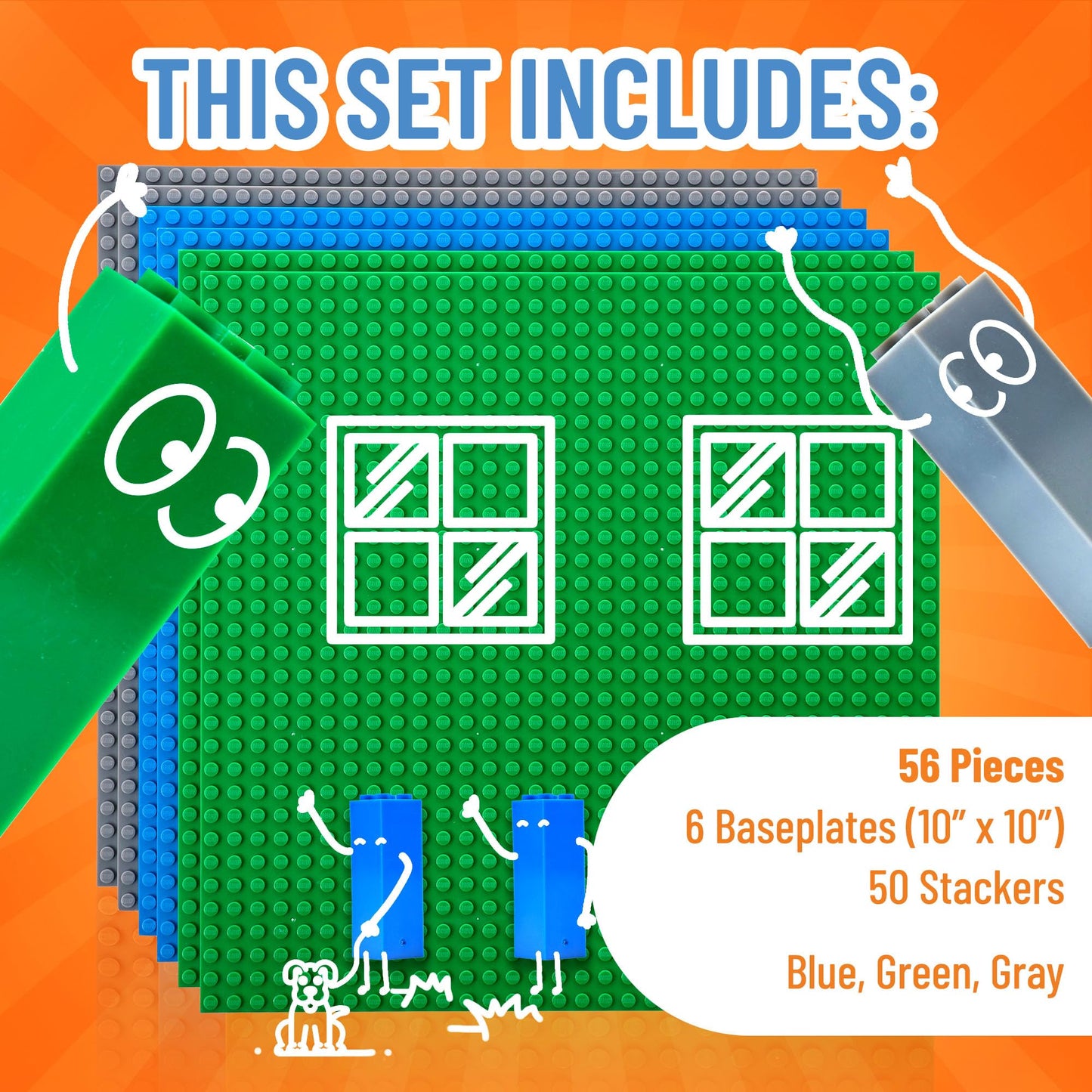Strictly Briks Baseplate Set - 10x10 in 6 Multi-Color Plastic Baseplates - Compatible with Lego, Includes 50 Stackers, Kids Gift