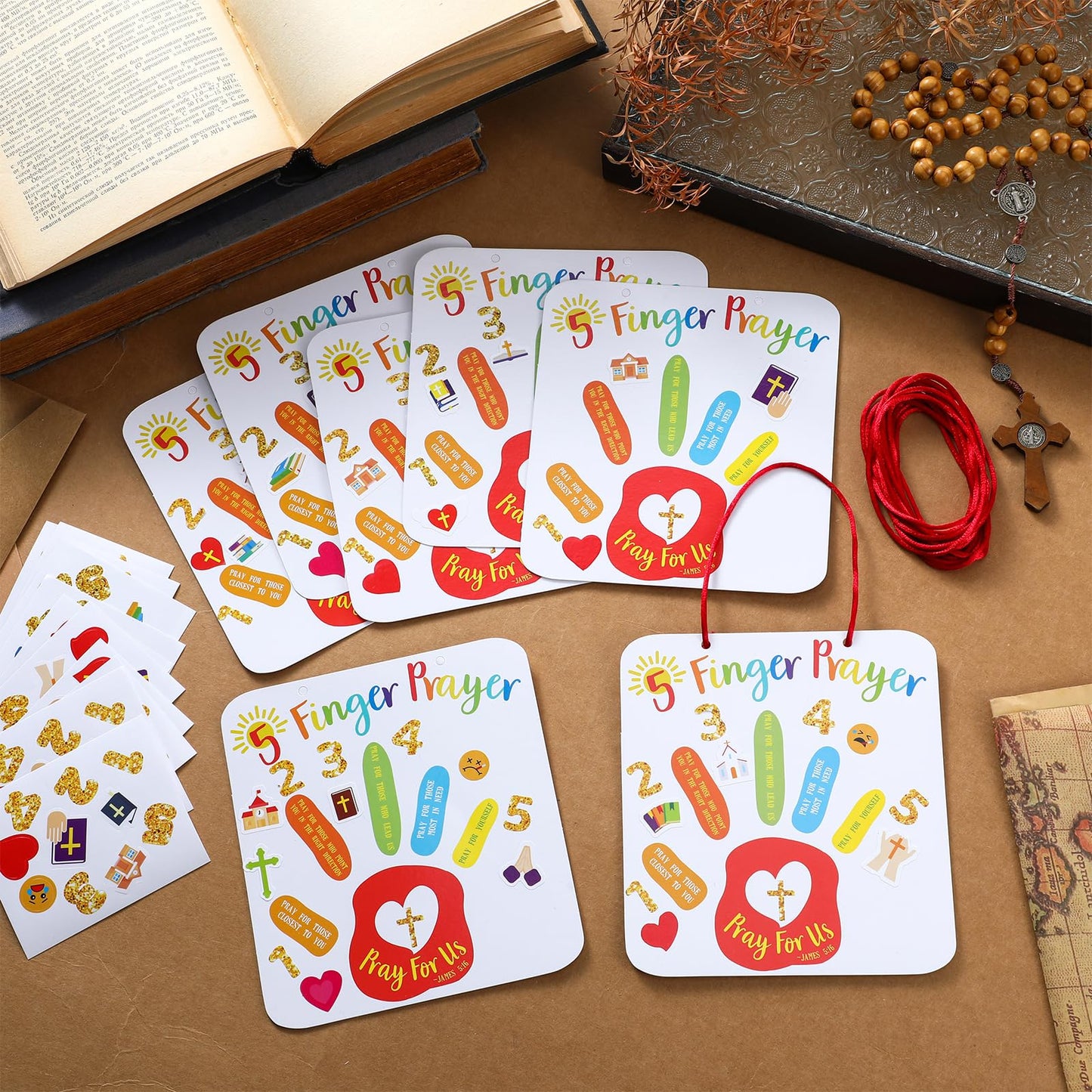 DoubleFill 24 Sets Religious Crafts Kit for Kids 5 Finger Prayer Handprint Craft Make Your Own Christian Bible Craft for VBS Sun