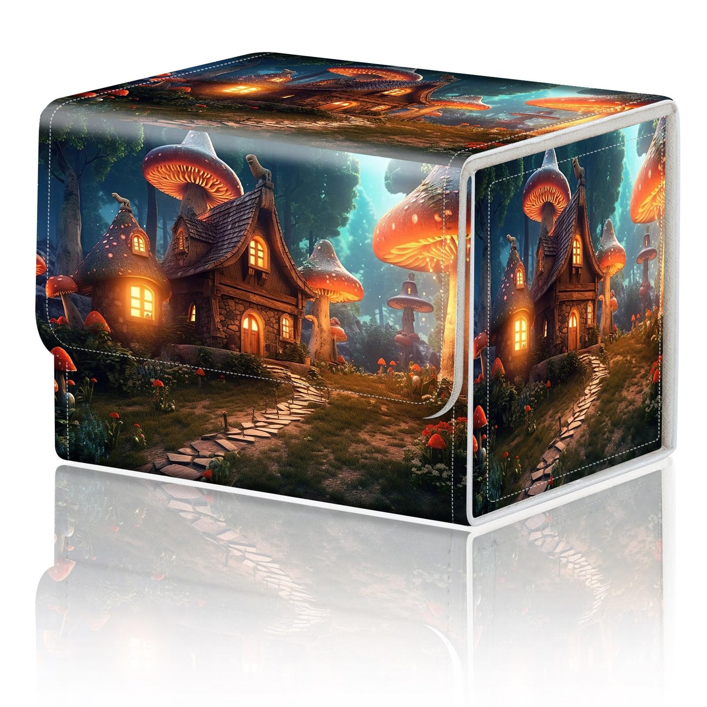 DEGDFSGR Card Game Storage Box for TCG MTG Commander Deck Box Organizer Trading Card Case Magnetic Closure Creative Pattern Up to 200 Cards  A Magical Mushroom Village