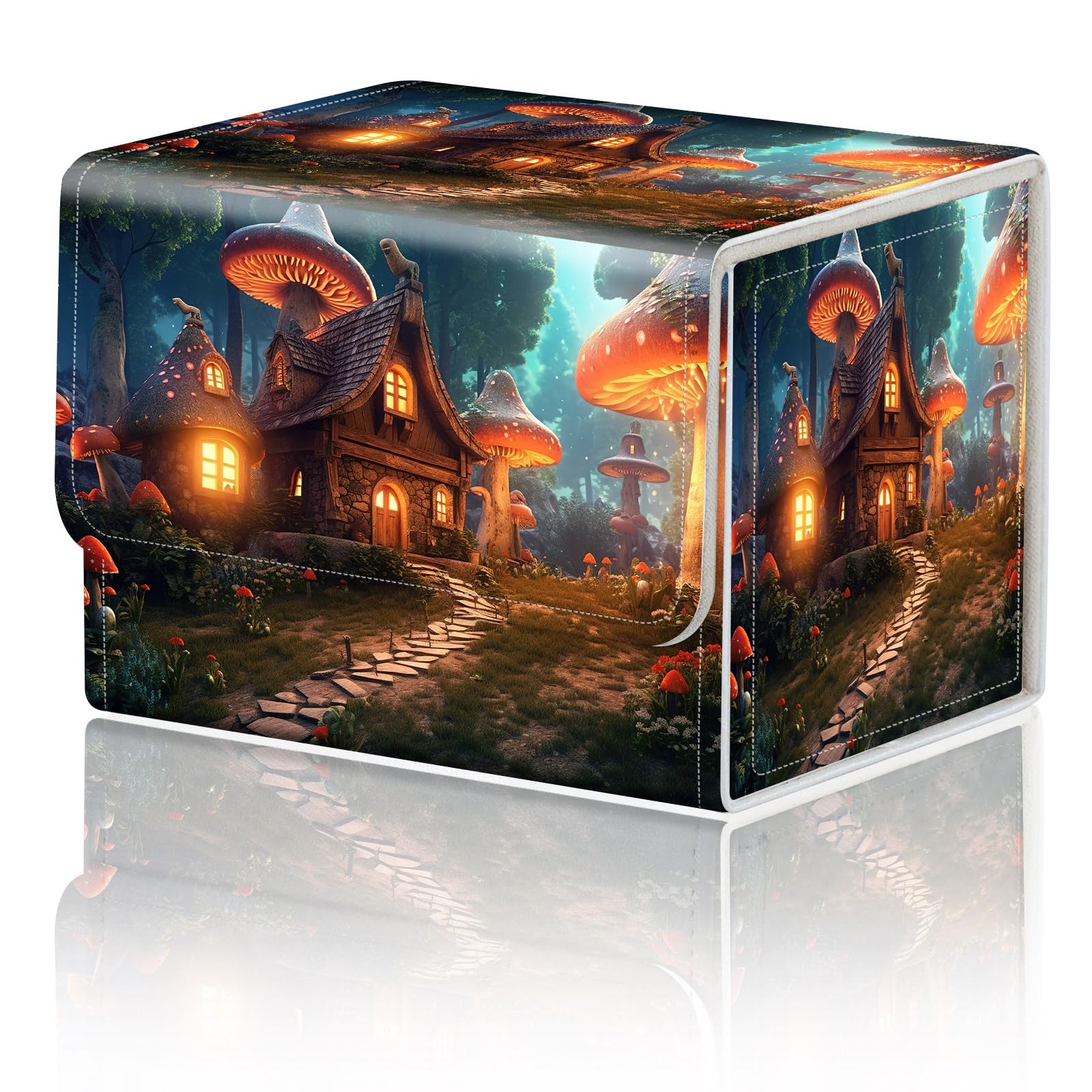 DEGDFSGR Card Game Storage Box for TCG MTG Commander Deck Box Organizer Trading Card Case Magnetic Closure Creative Pattern Up to 200 Cards  A Magical Mushroom Village