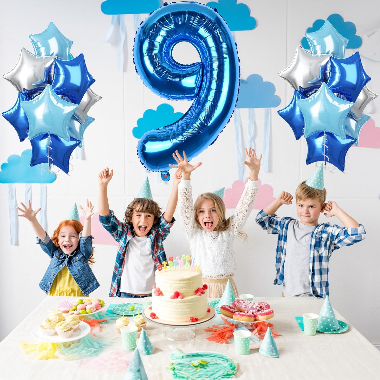 40 Inch Number 9 Balloons For Boys, Dark Metallic Blue Large 9Th Birthday Balloon Decor, Light Royal Blue Self Inflating Silver