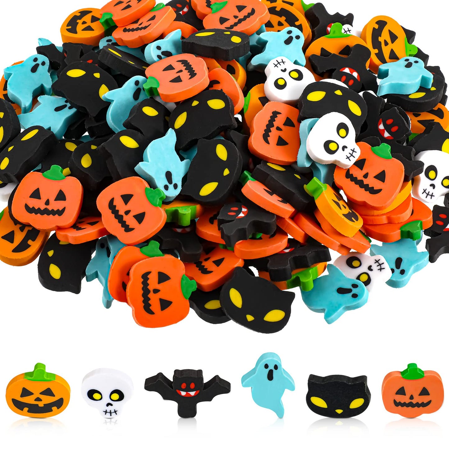 Tenare 150 Pcs Halloween Mini Erasers Mini Eraser Assortment Pumpkin Ghost Bat Mini Erasers for Trick or Treat Halloween Party F