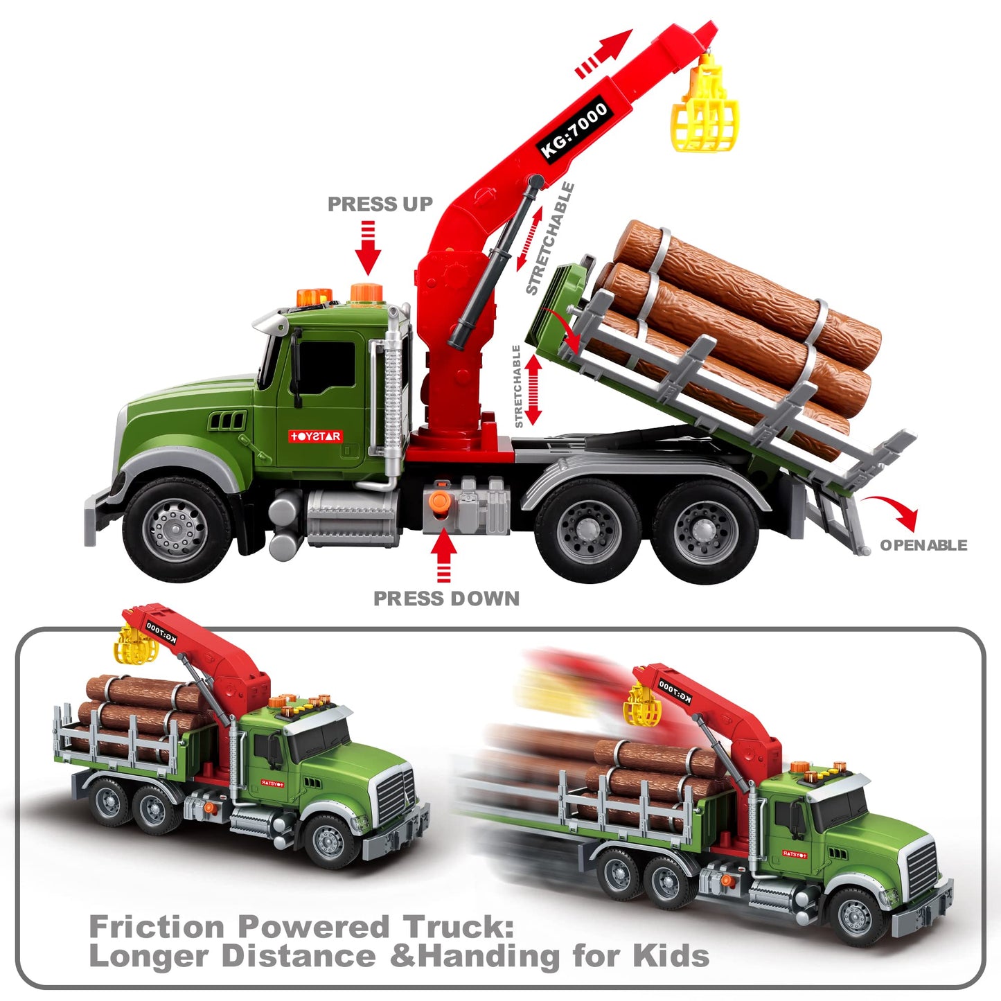 Dwi Dowellin Kids Toys for 3 4 5 6 7 Years Old Boys,15'' Large Timber Truck with Loading Crane and 6 Trunks,Birthday Gifts for B
