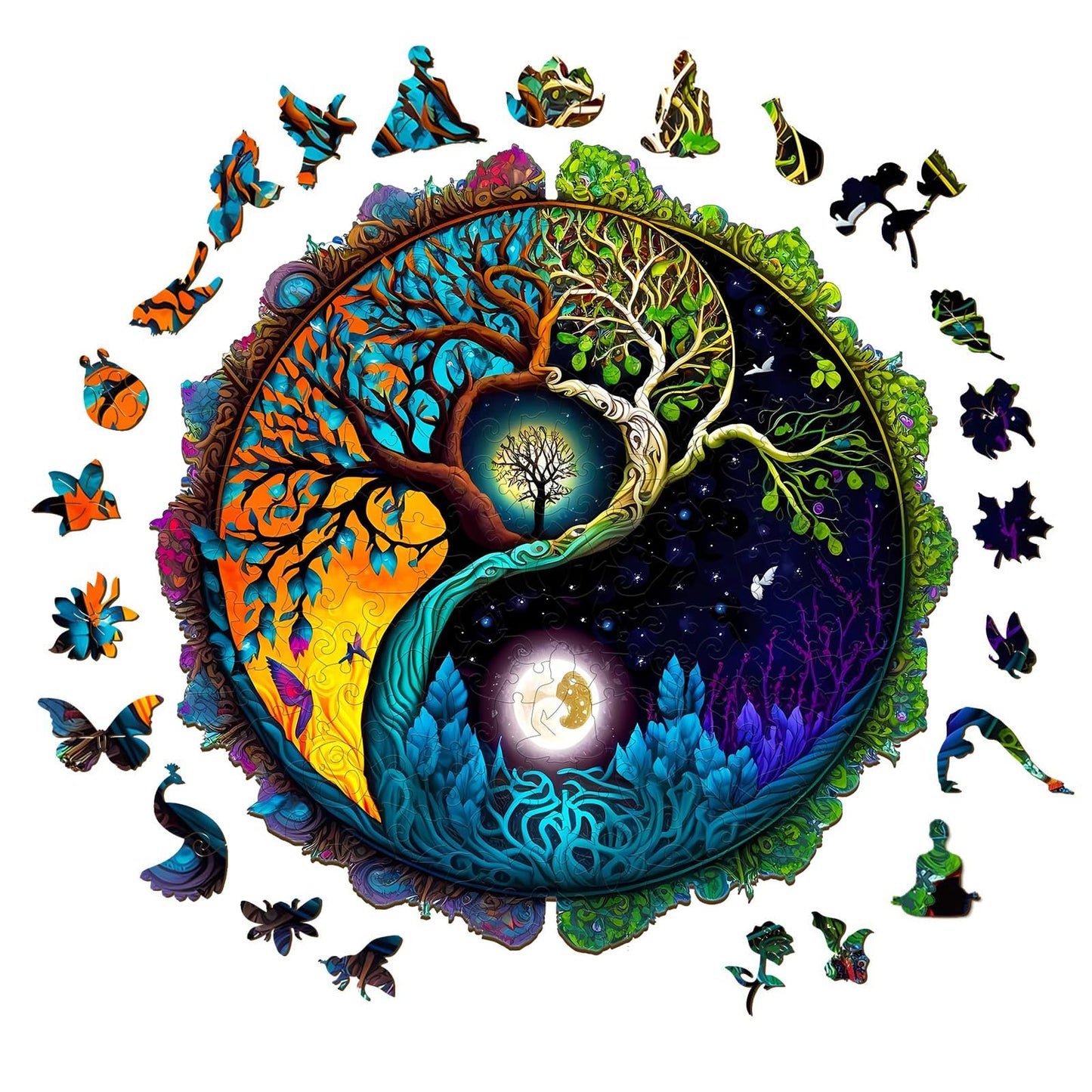 Aeekdook Wooden Puzzles for mature-themeds  Yinyang Tree of Life Wooden Jigsaw Puzzles for mature-themeds  Wood Puzzles mature-themed  Unique Shape Wood Cut Puzzles  Birthday Gifts for Family Friend (S-7.9 * 7.9in-110 pcs)