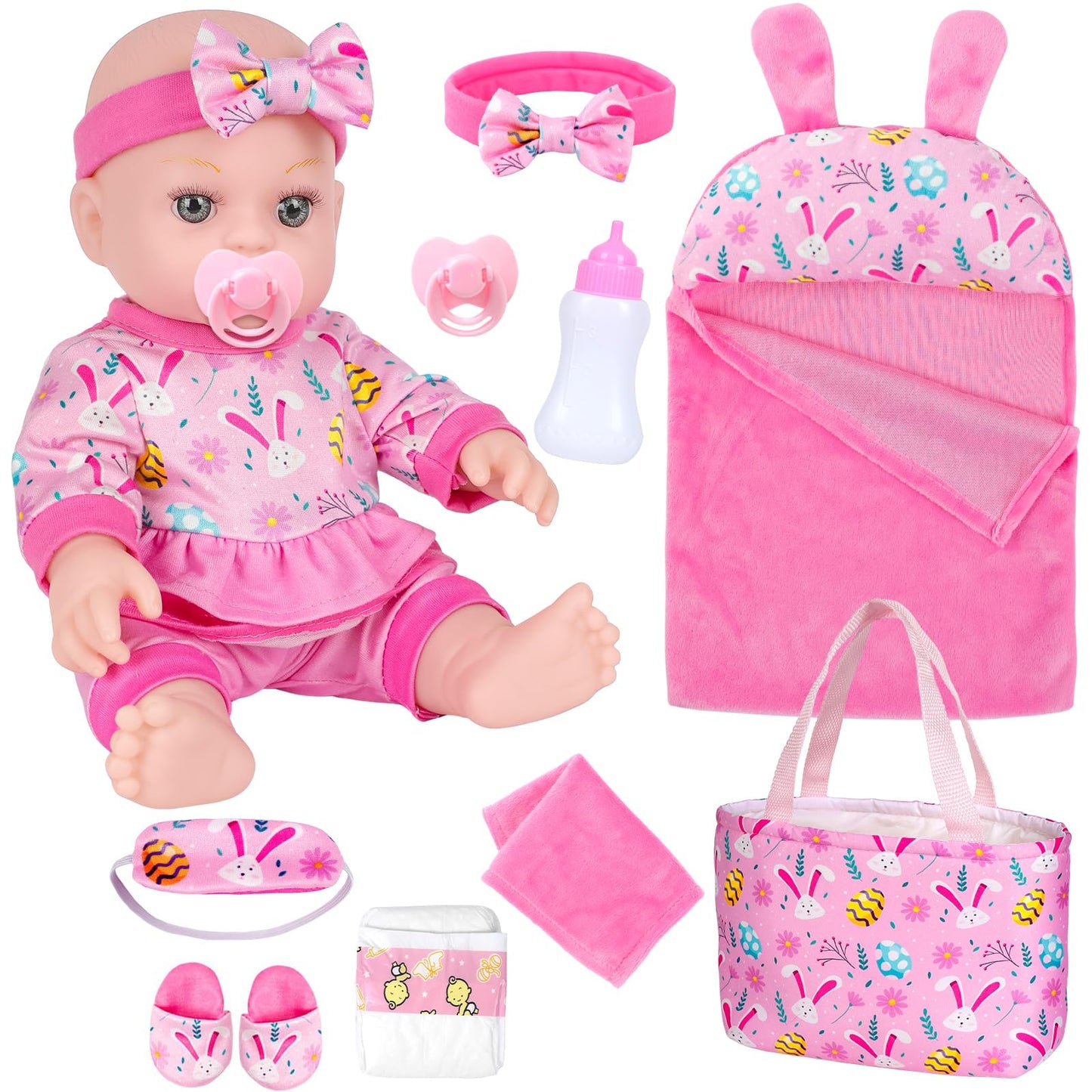 Zqdoll 12 Baby Doll, Bunny Theme Clothes And Sleeping Bag, Realistic Baby Dolls Accessories Set Girl Easter Gift Toy Stuff Pacif