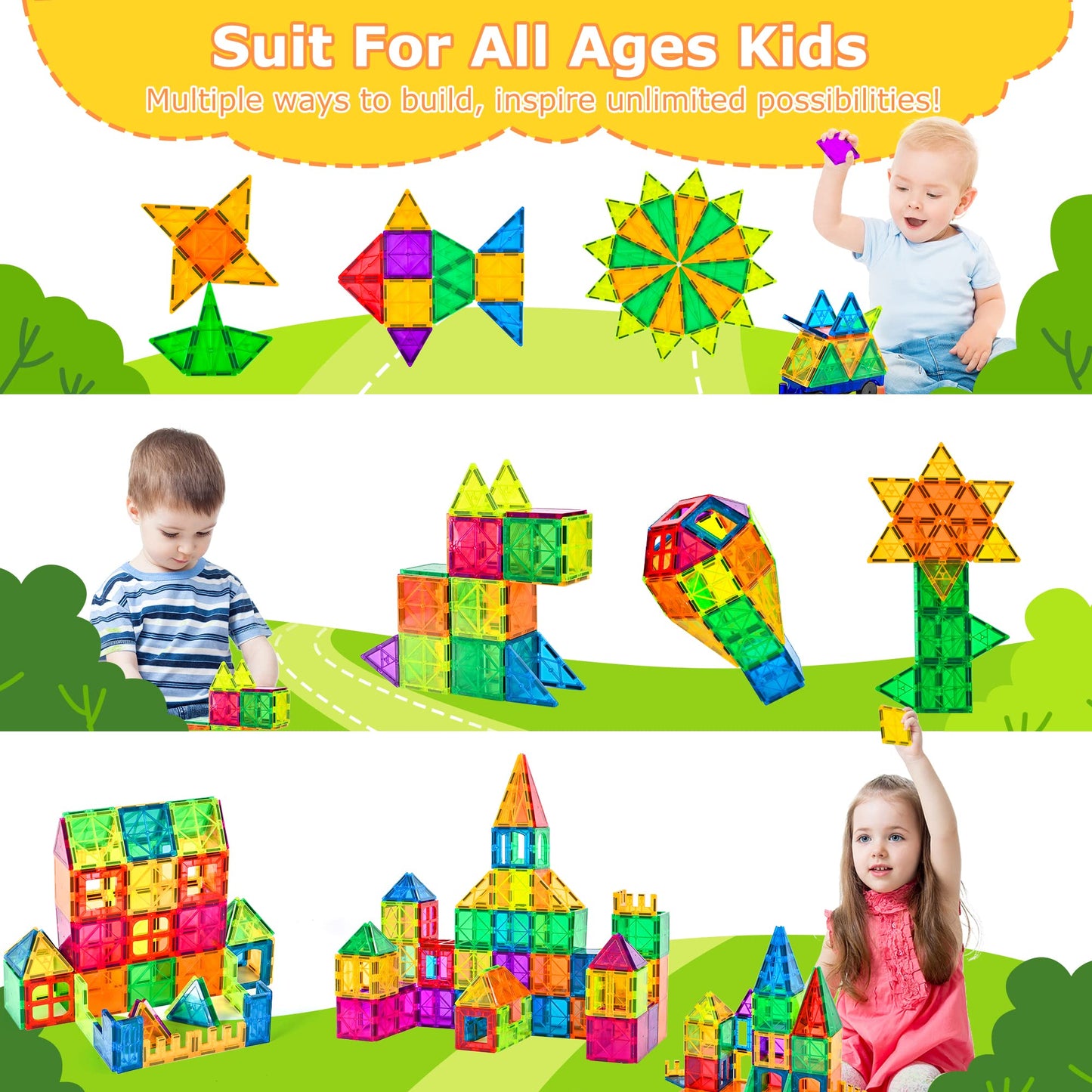 Cossy 120Pcs Magnet Tiles Magnetic 3D Building Blocks Set Educational Construction Toys For 3+ Year Kids With Stronger Magnets, Rivets-Fastened, Educational, Recreational, Conventional