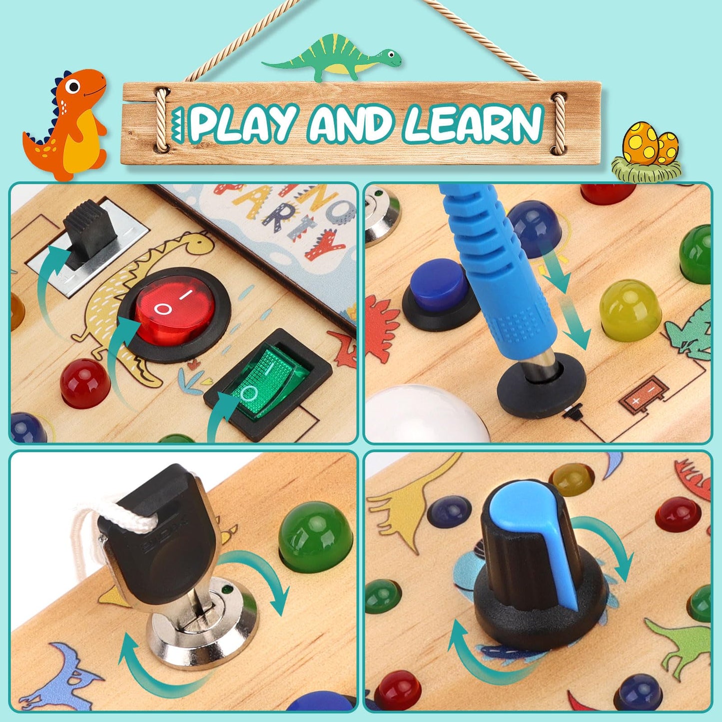 Dinosaur Light Switch Board - 8 Led Switches, Sensory Montessori Toy For 1+ Year Olds