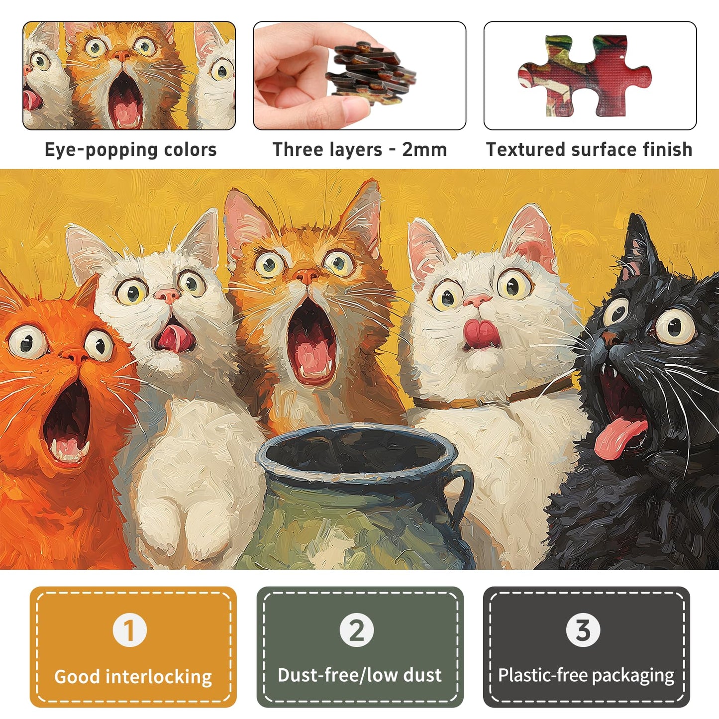 1000-Piece mature-themed Puzzle - Fun Jigsaw Puzzle for mature-themeds Surprised Cats Oil Painting  Challenging Fun Puzzle for mature-themeds  Colorful Cat Art Puzzle  Great Gift Idea  26.65 x 19.25 in